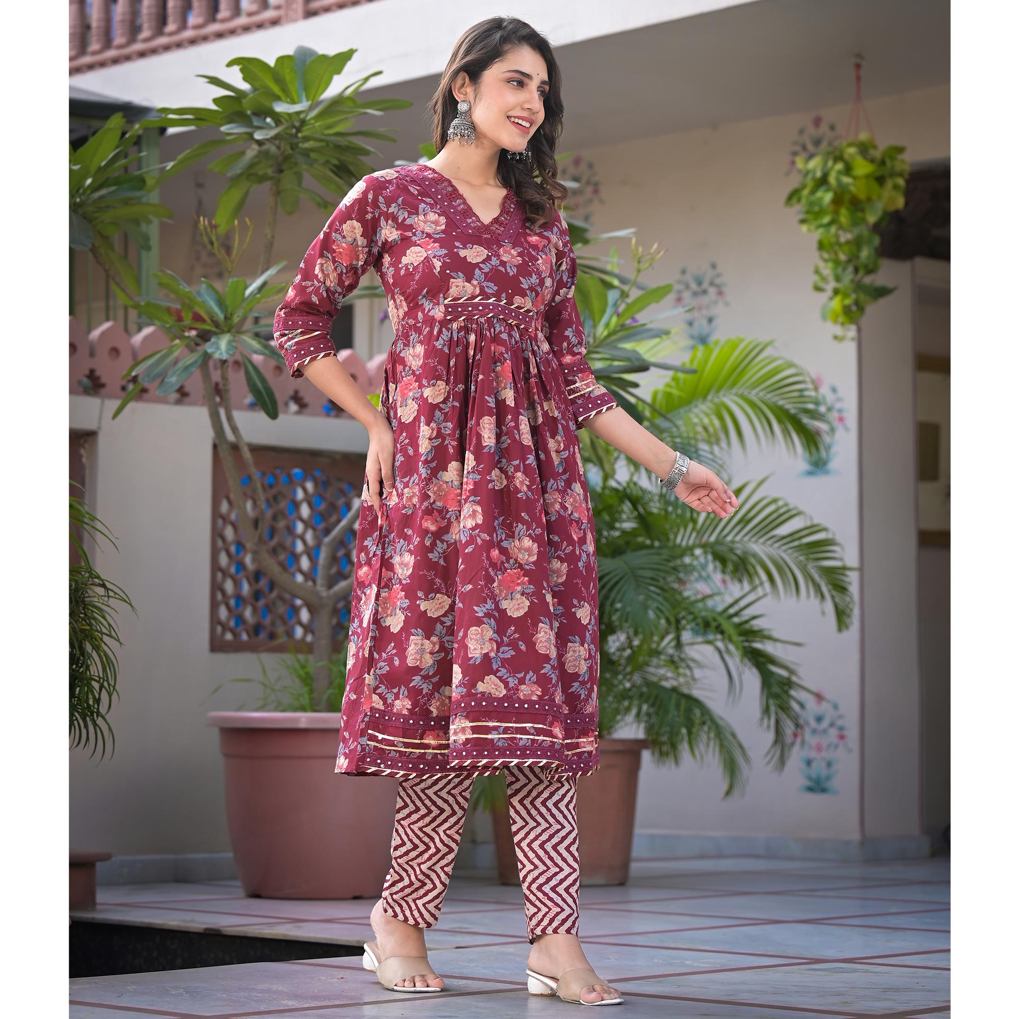 Maroon Floral Printed Pure Cotton Anarkali Salwar Suit