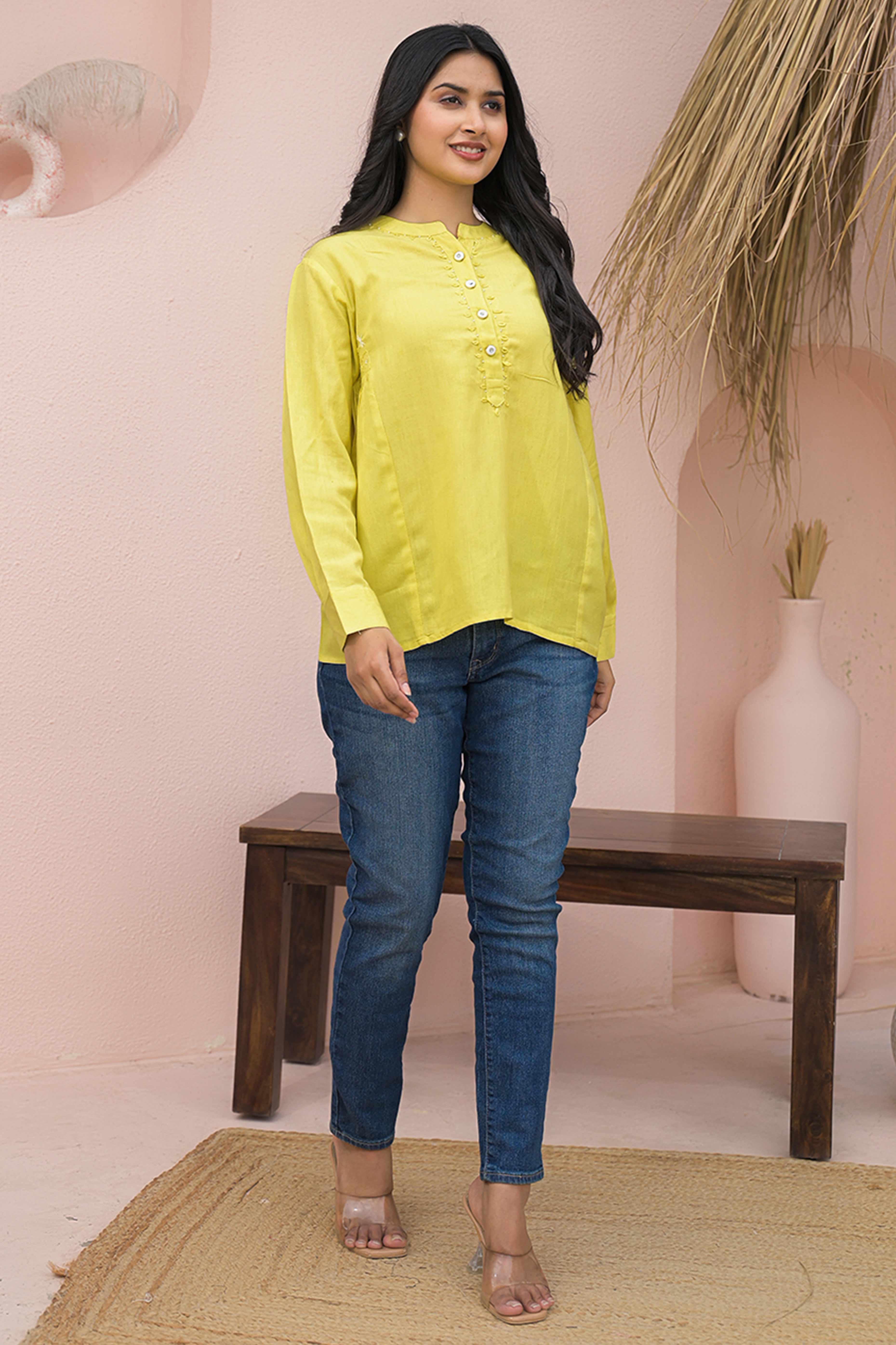 Bright Lemon Yellow Solid Cotton Top With Flowy A-Line Fit