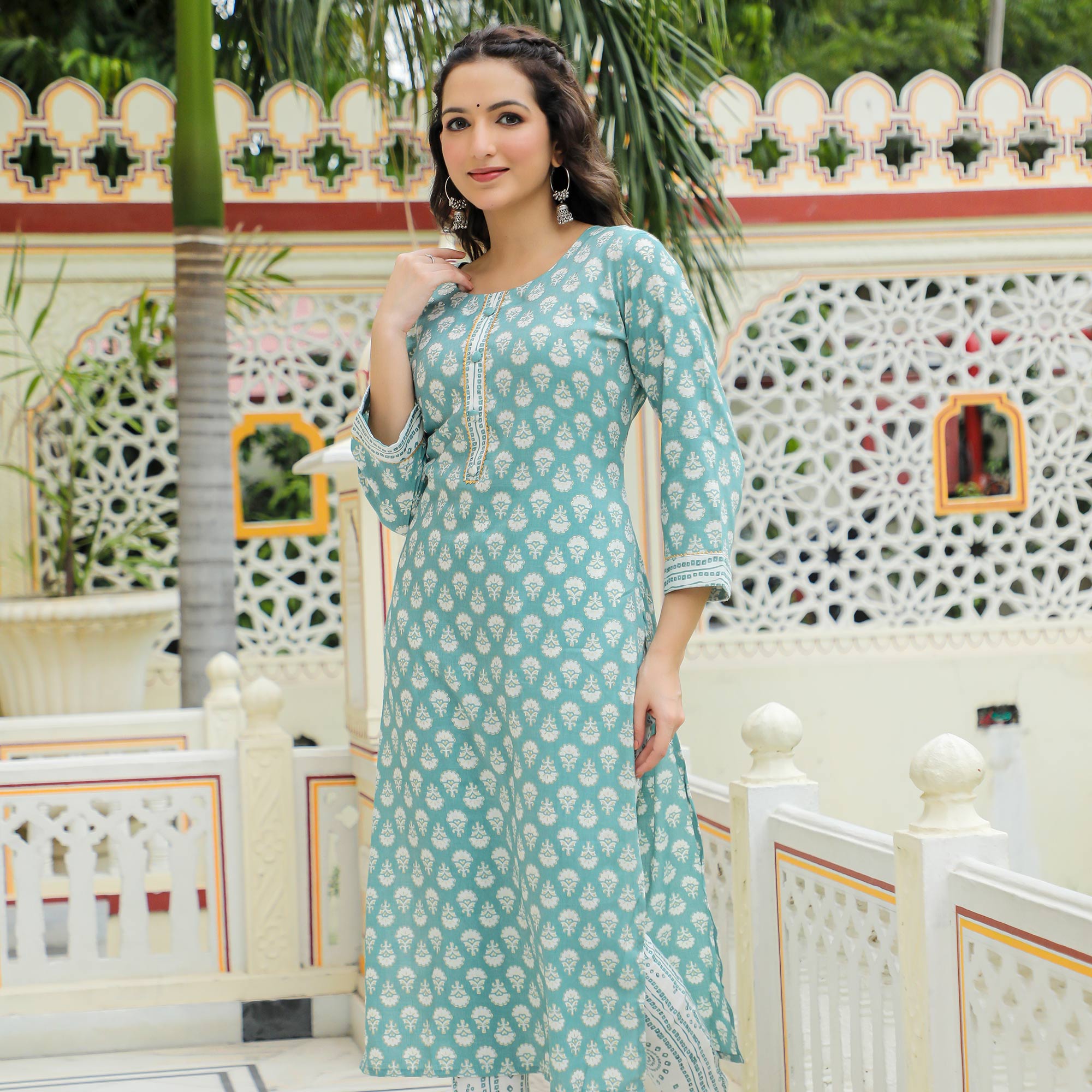 Green Floral Foil Printed Rayon Suit