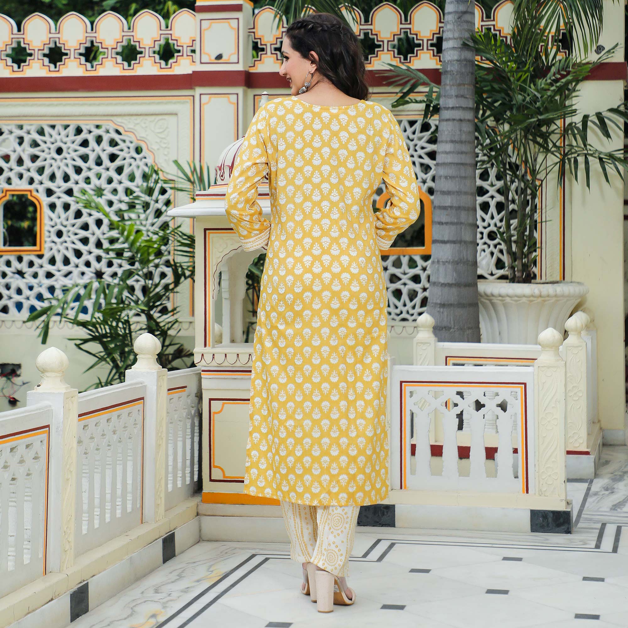 Yellow Floral Foil Printed Rayon Suit