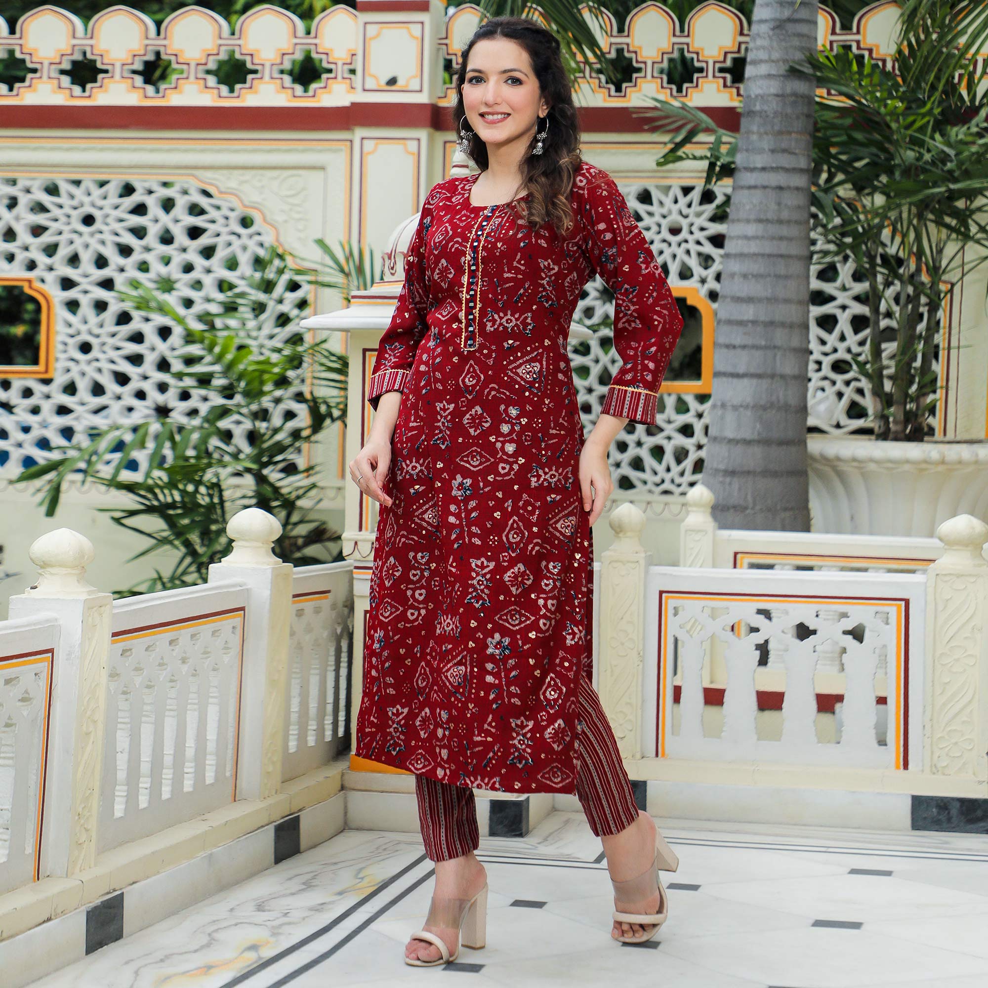 Maroon Foil Printed Rayon Suit