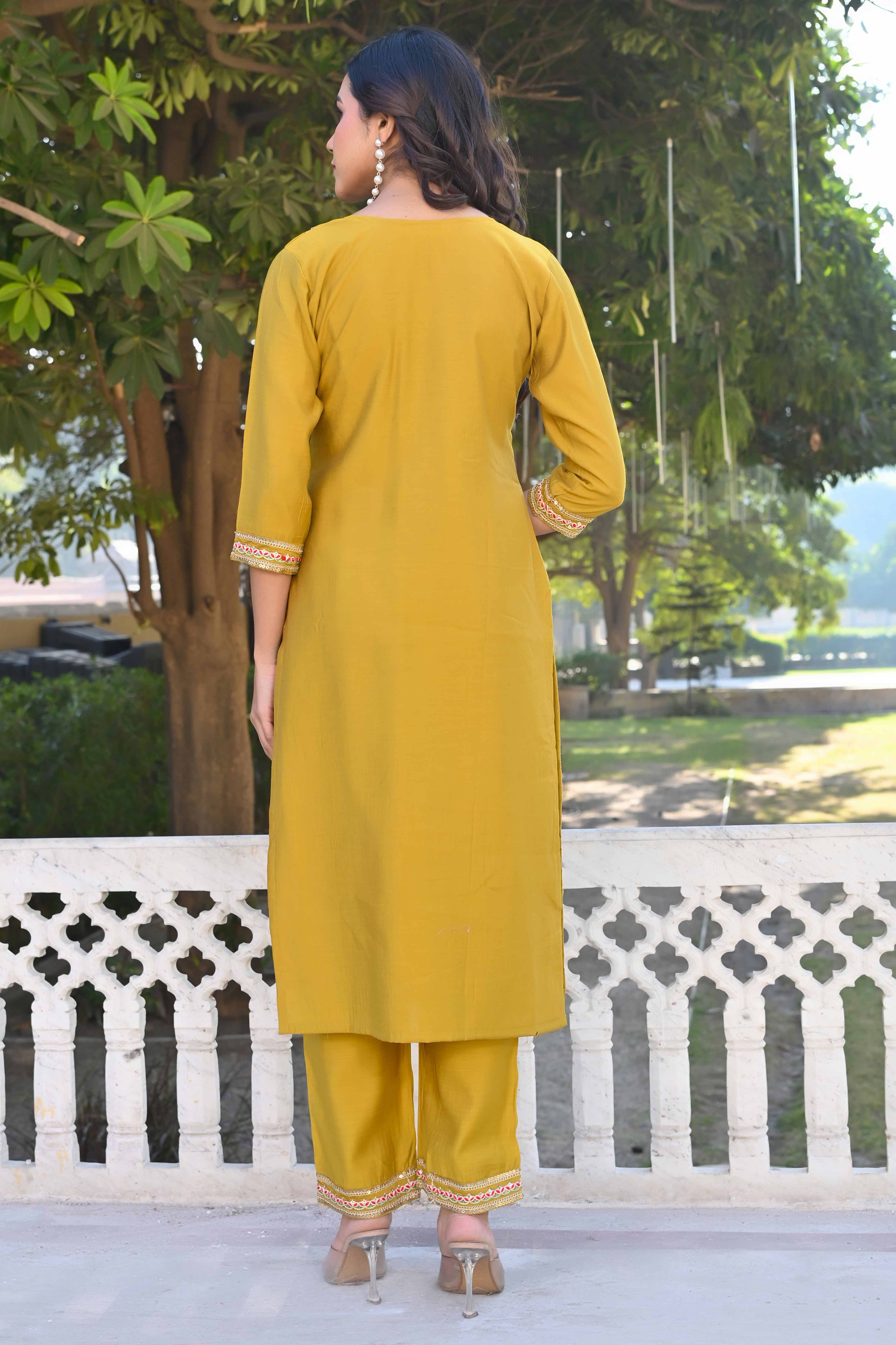 Mustard Sequins Embroidered Viscose Salwar Suit