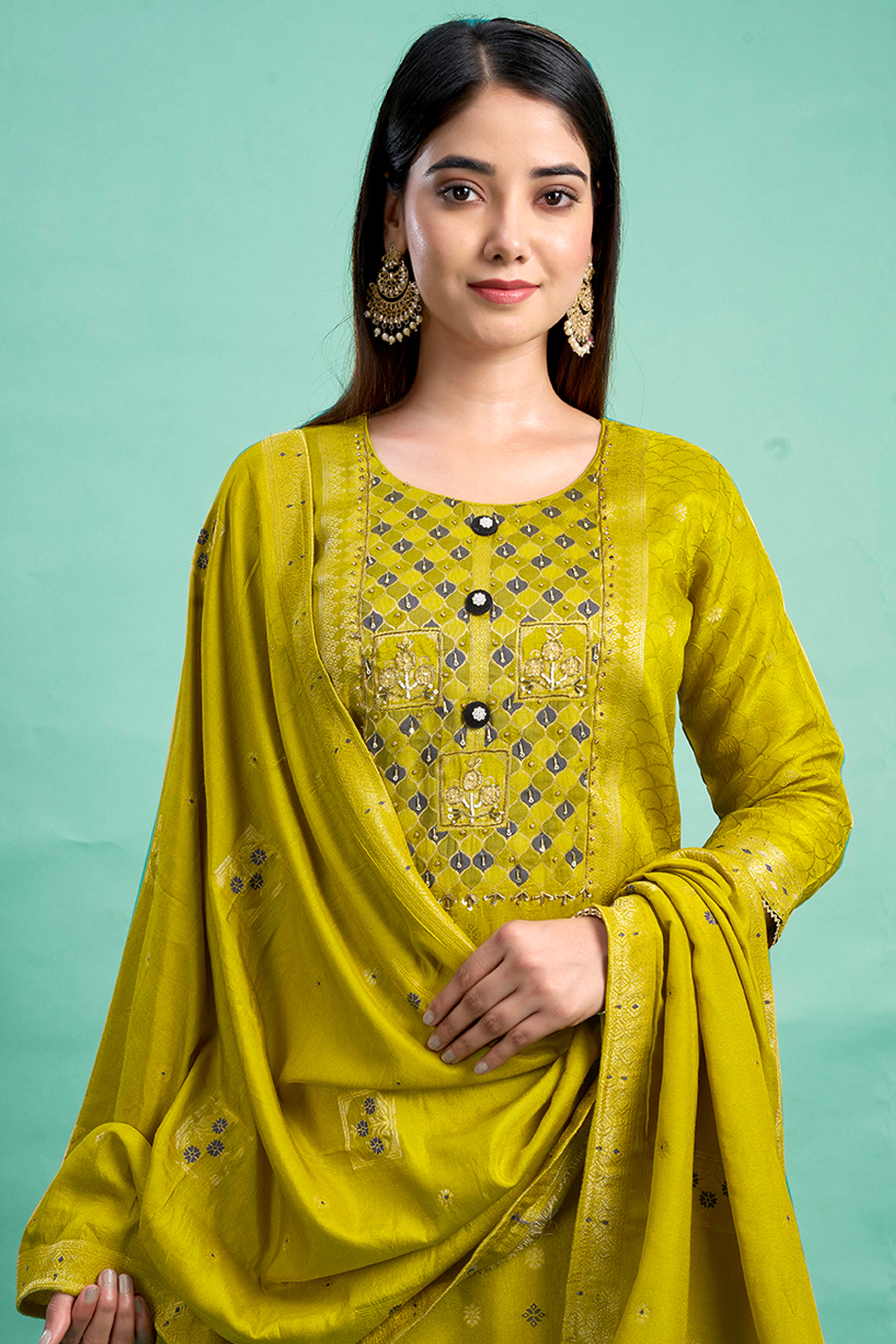Olive Stone Work Weaving Pure Viscose Salwar Suit