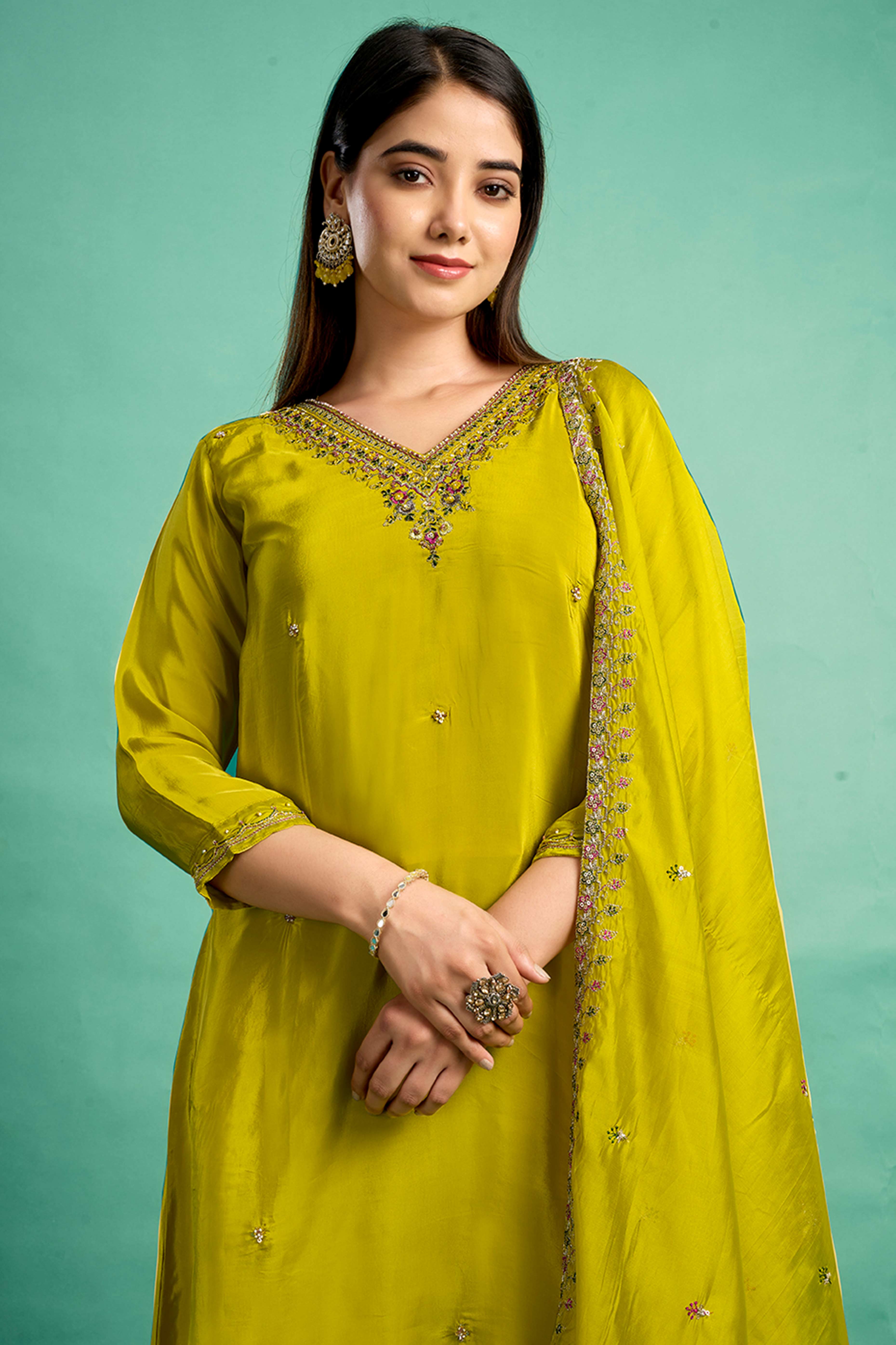 Green Sequins Embroidered Viscose Crepe Straight Salwar Suit