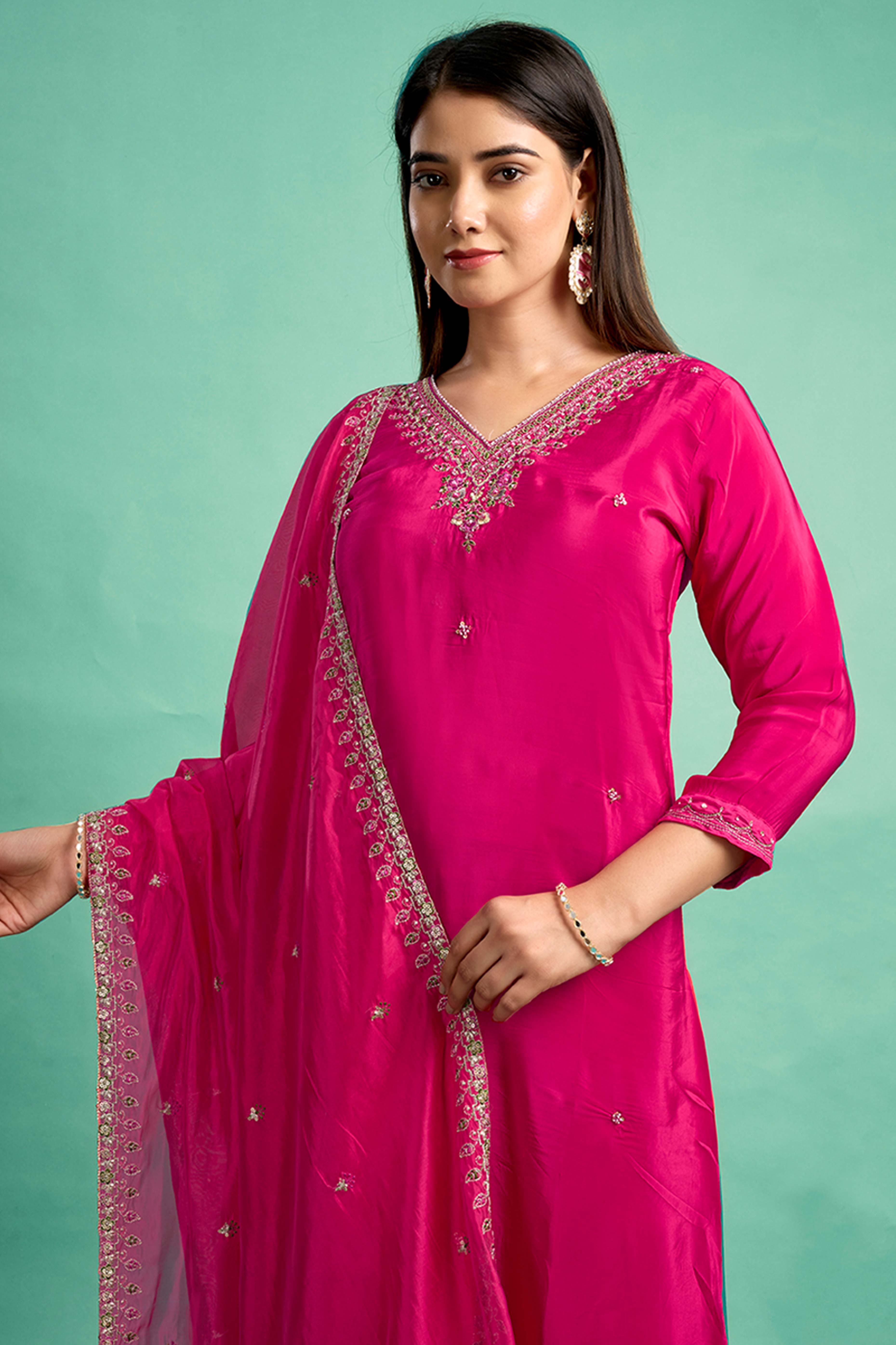 Rani Pink Sequins Embroidered Viscose Crepe Straight Salwar Suit
