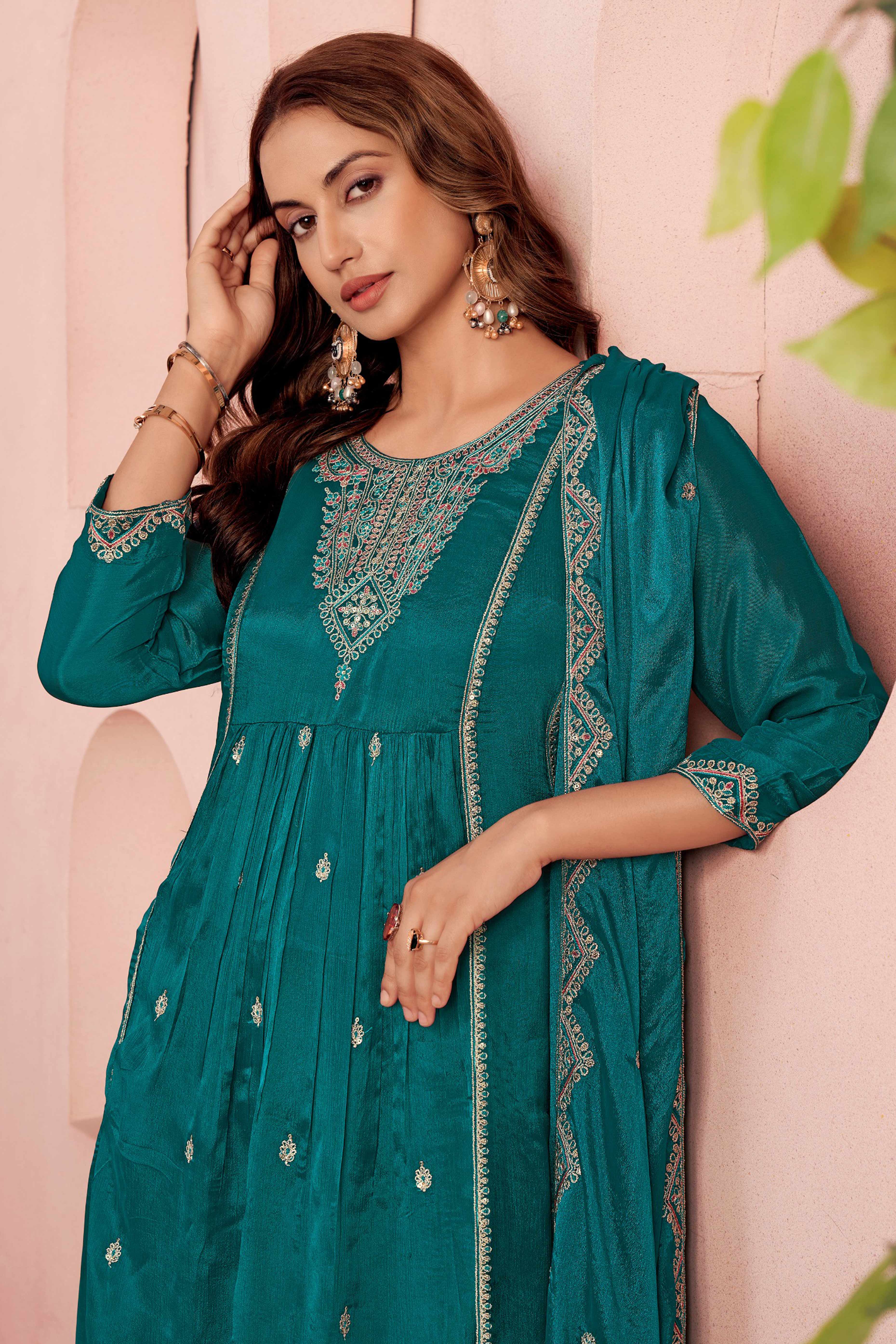 Teal Viscose Chinon A-Line Suit with Elegant Thread Embroidery