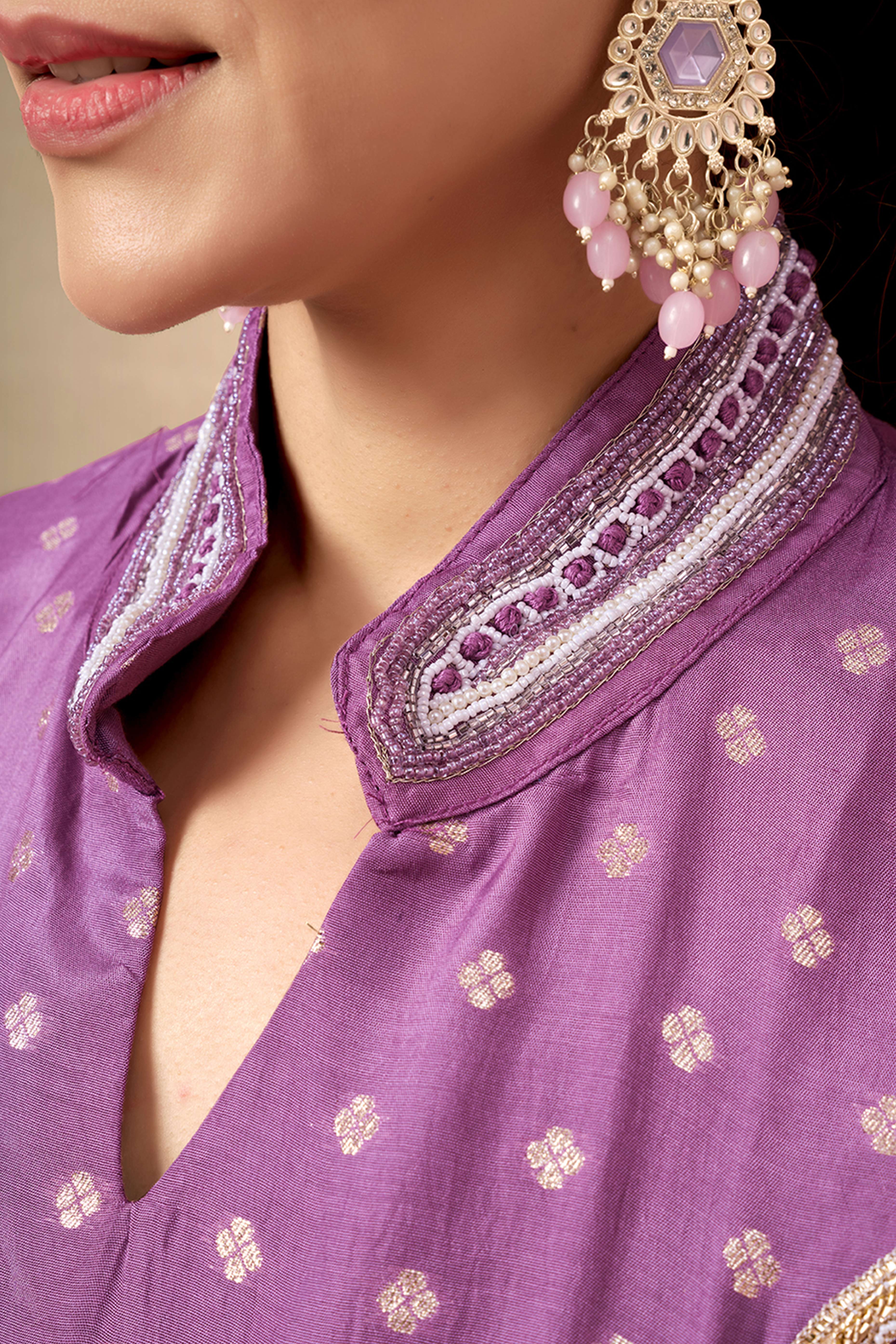 Lavender Silk Blend A-Line Top Bottom Set With Zari Weaving And Stone Work