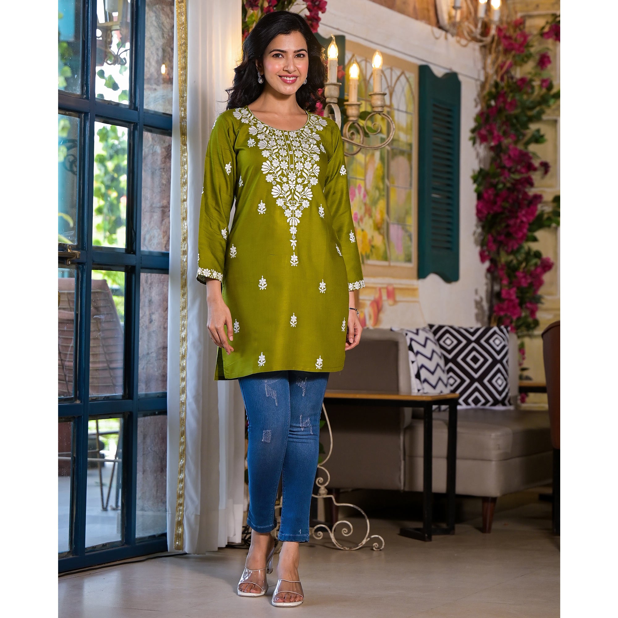 Green Embroidered Rayon Straight Top