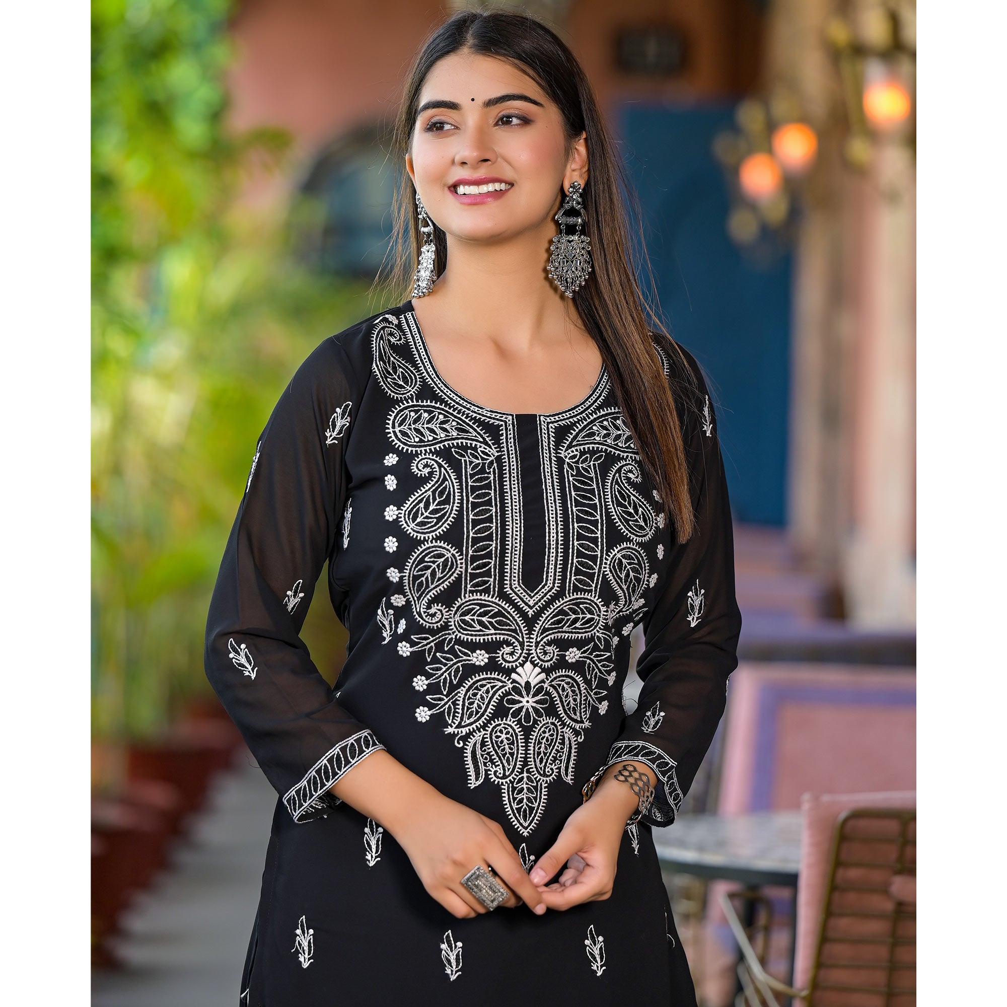 Black Embroidered Georgette Straight Kurti