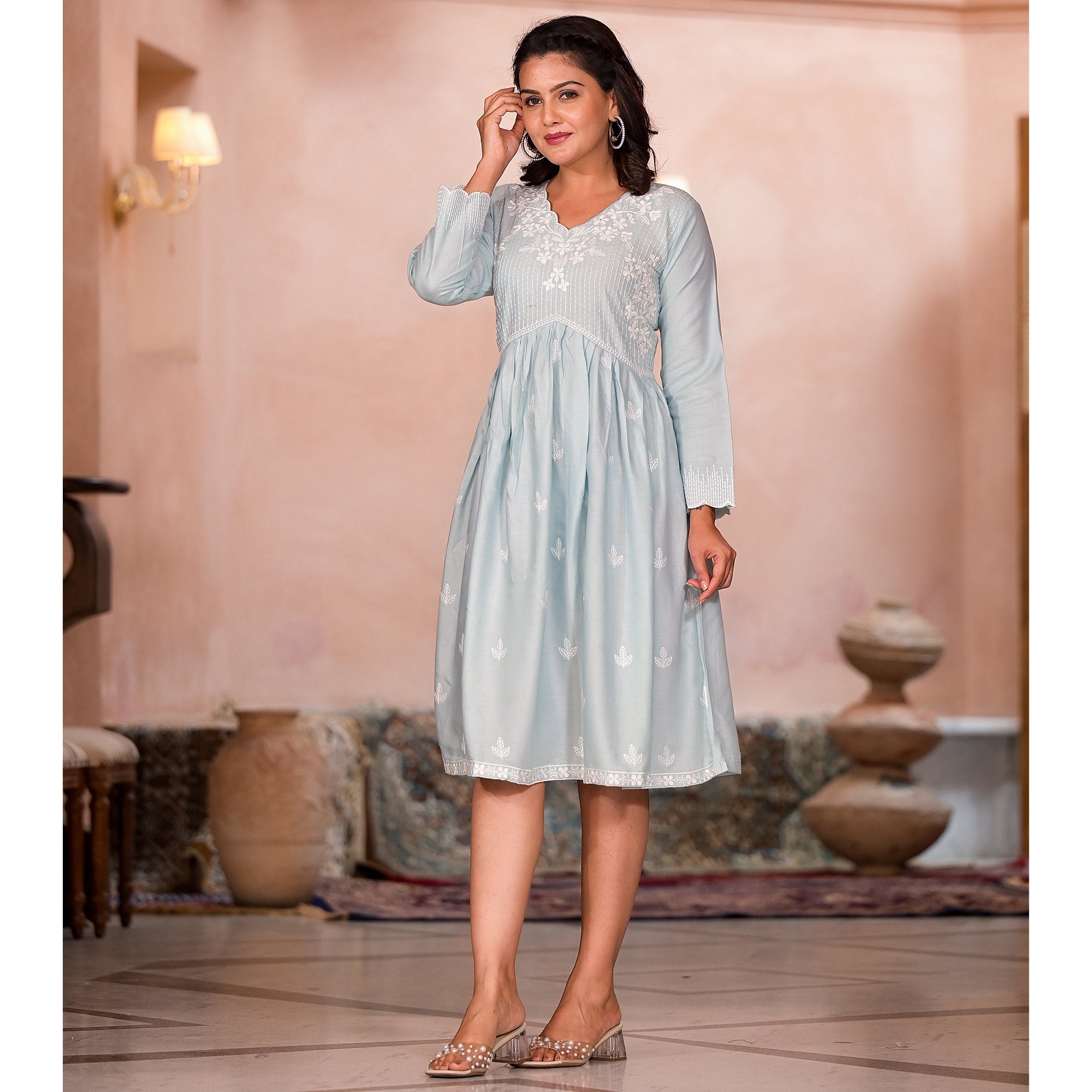 Light Turquoise Embroidered Rayon A-Line Dress