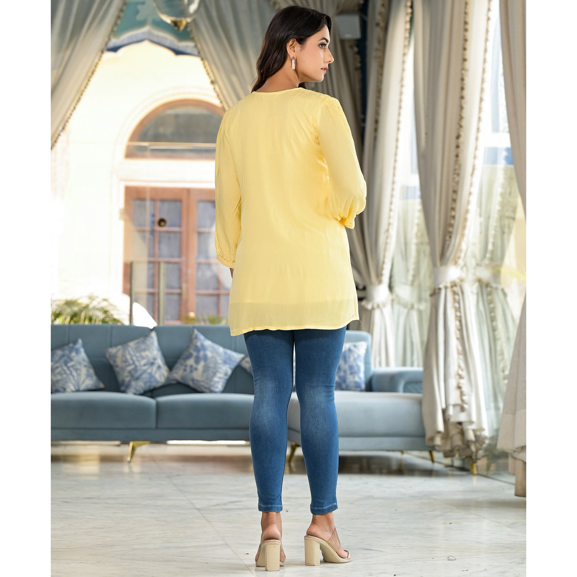 Yellow Yoke Embroidered Rayon A-Line Top