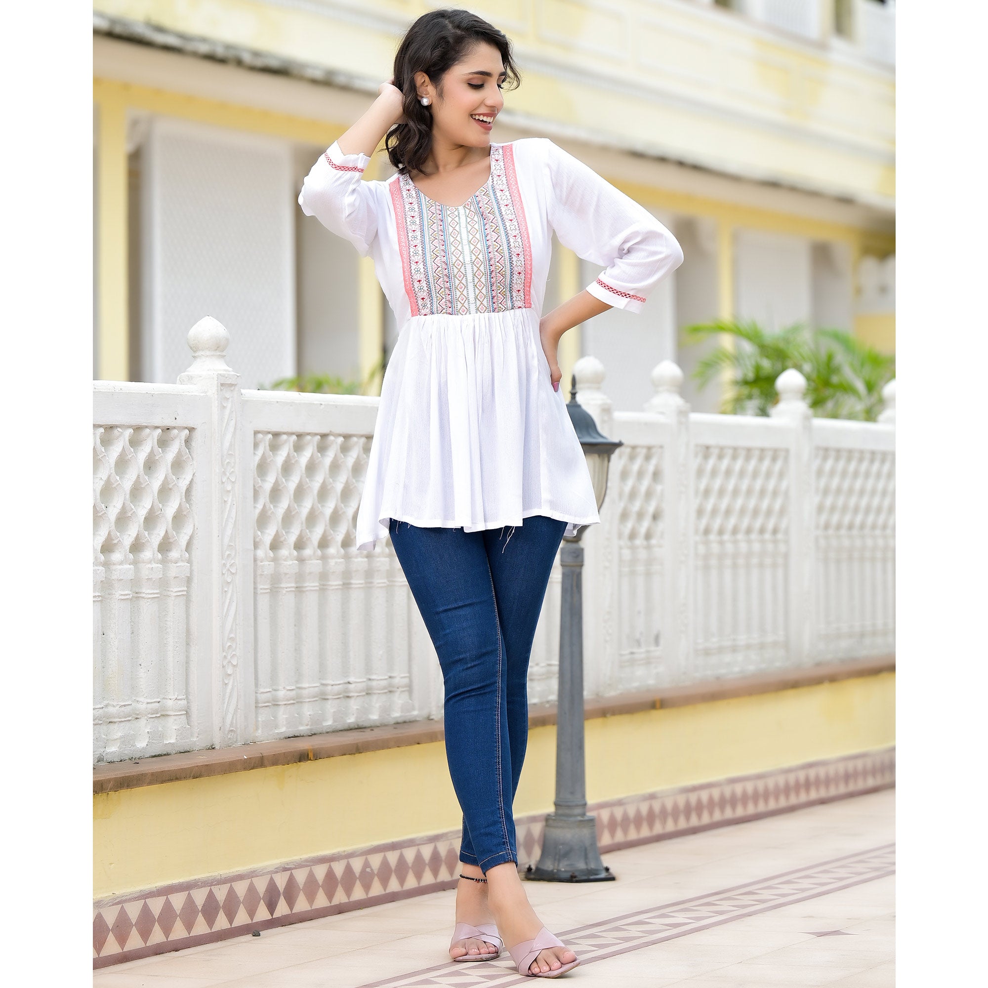 White Yoke Embroidered Rayon A-Line Top