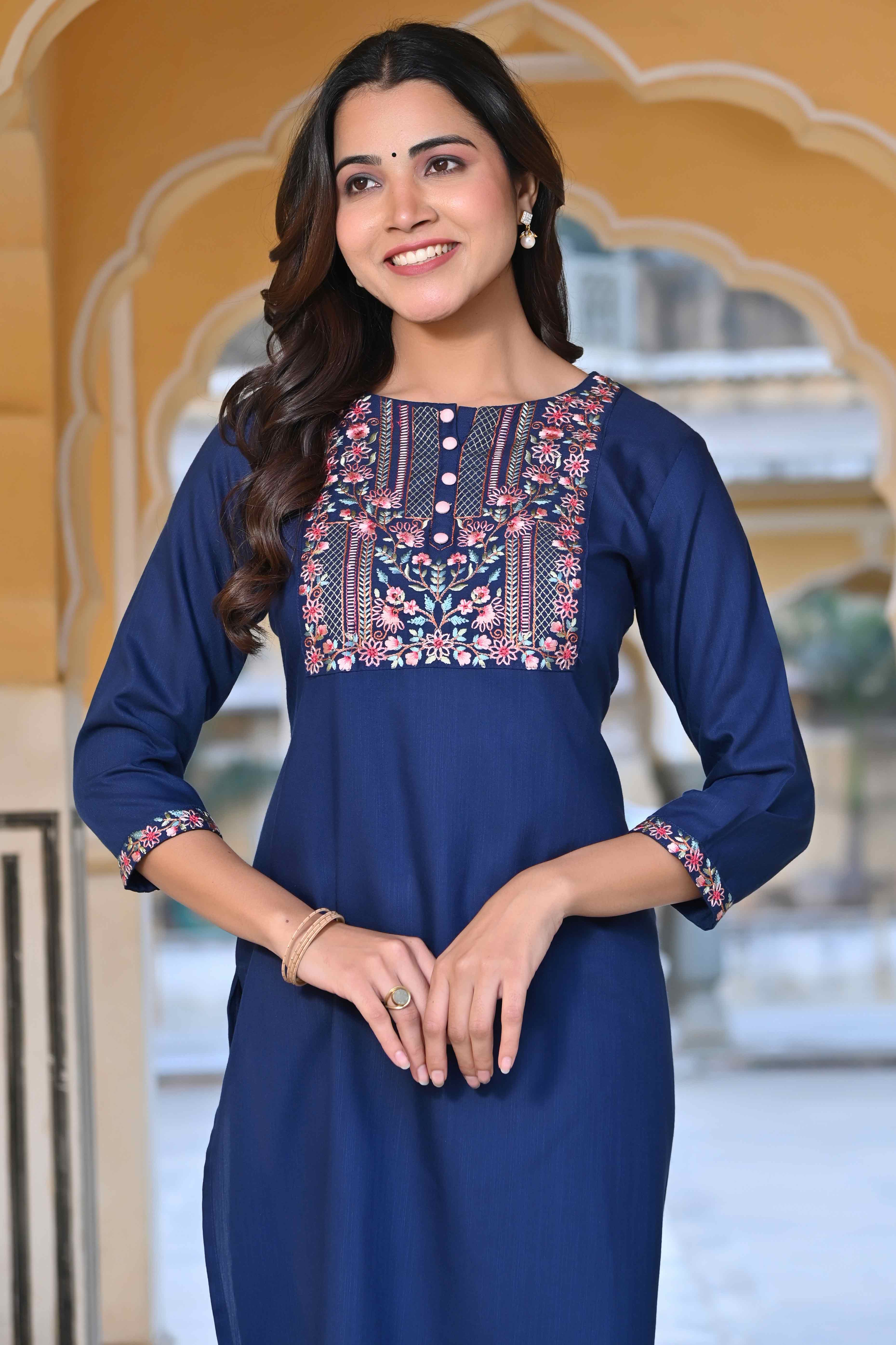 Blue Yoke Embroidered Rayon Slub Straight Kurti