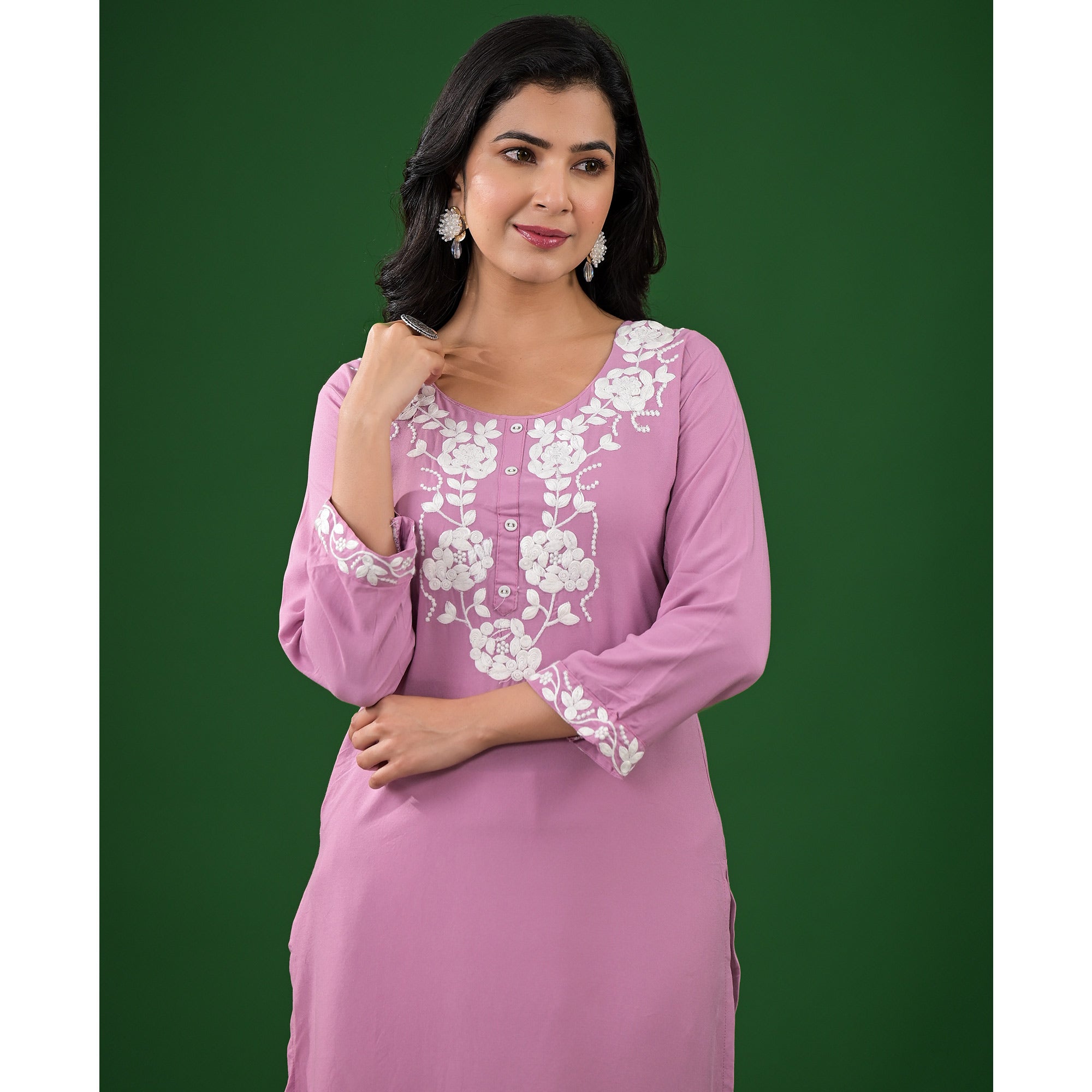 Pink Embroidered Rayon Straight Kurti