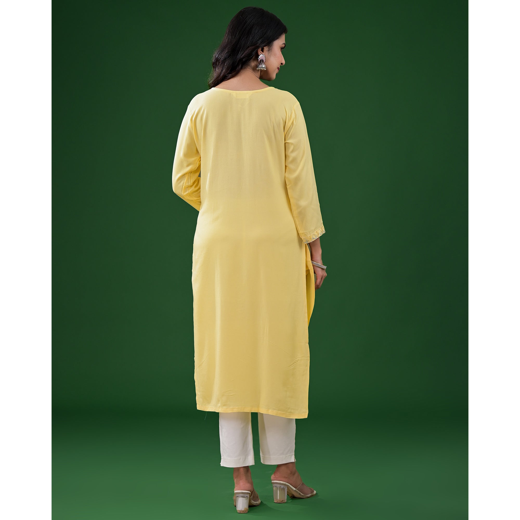 Yellow Embroidered Rayon Straight Kurti