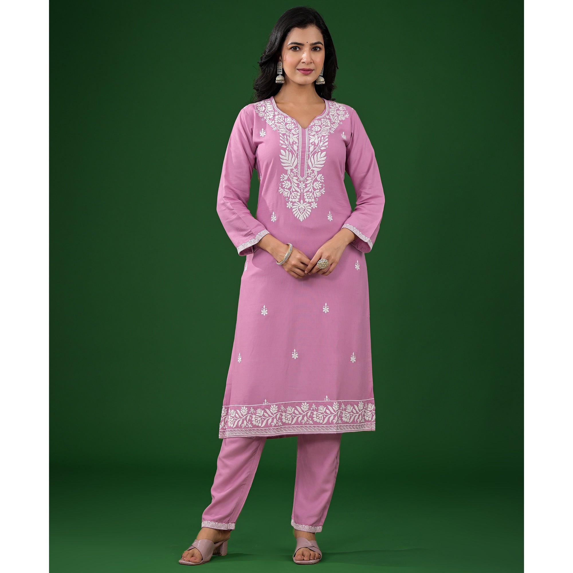 Pink Floral Embroidered Rayon Salwar Suit