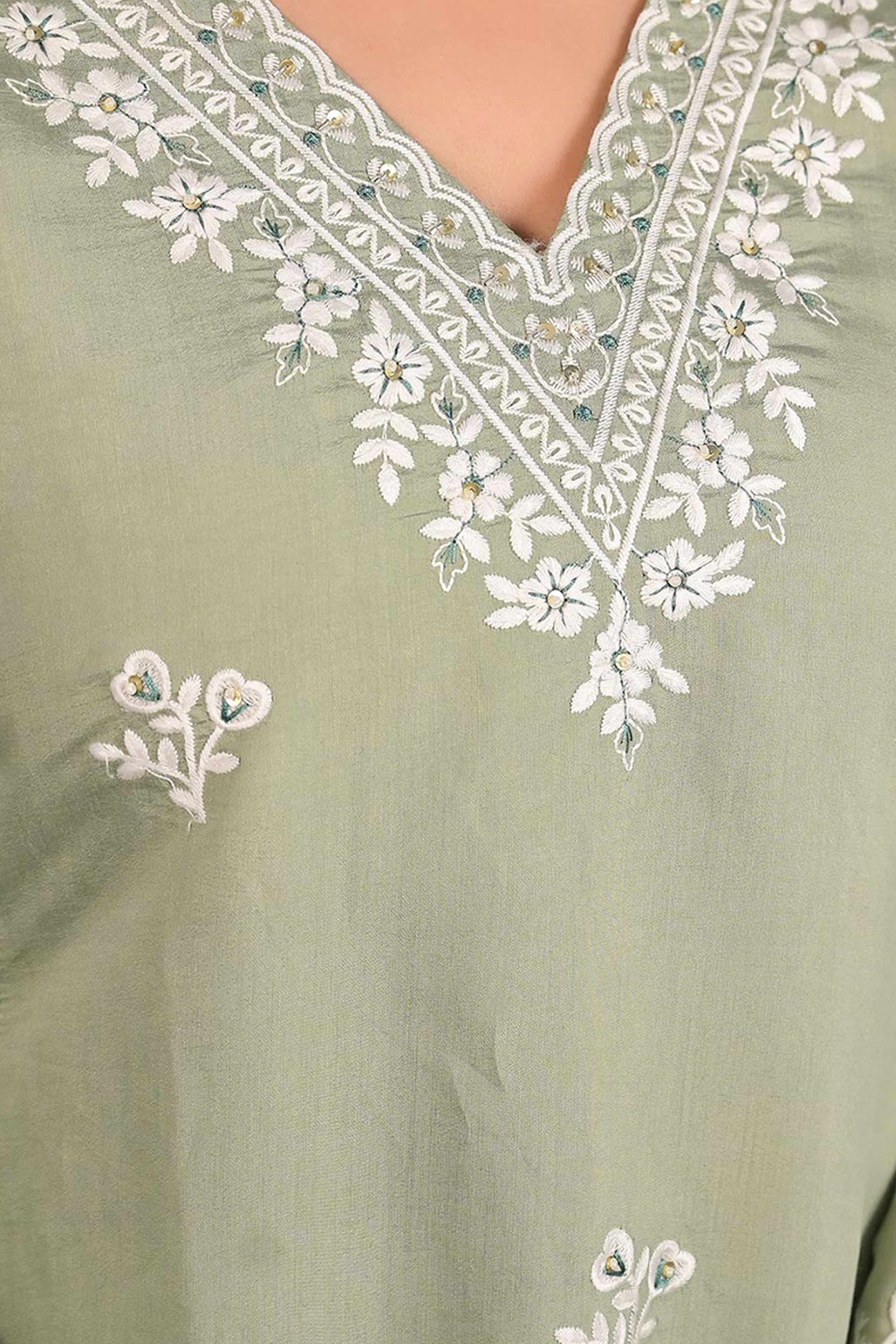 Sea Green Floral Embroidered Chanderi Top Bottom Set