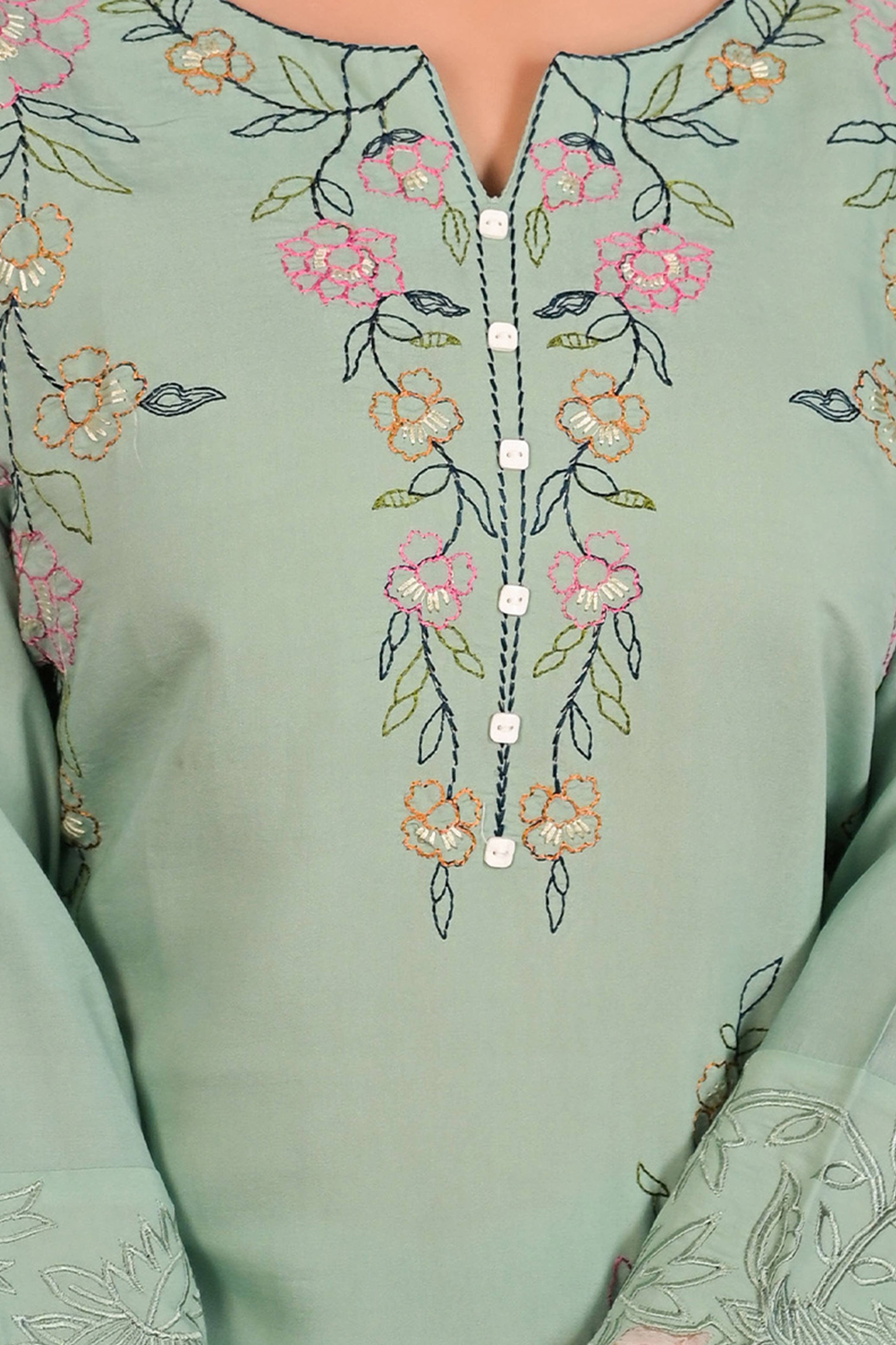 Pista Green Floral Embroidered Chanderi Top Bottom Set