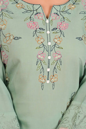 Pista Green Floral Embroidered Chanderi Top Bottom Set