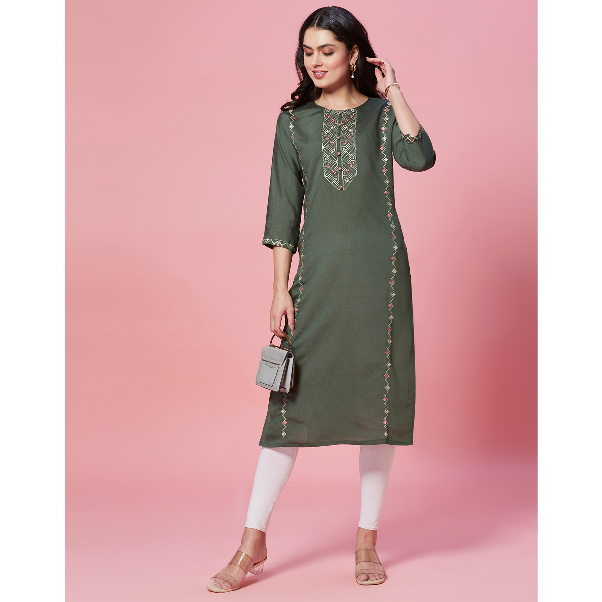 Green Embroidered Chanderi Straight Kurti