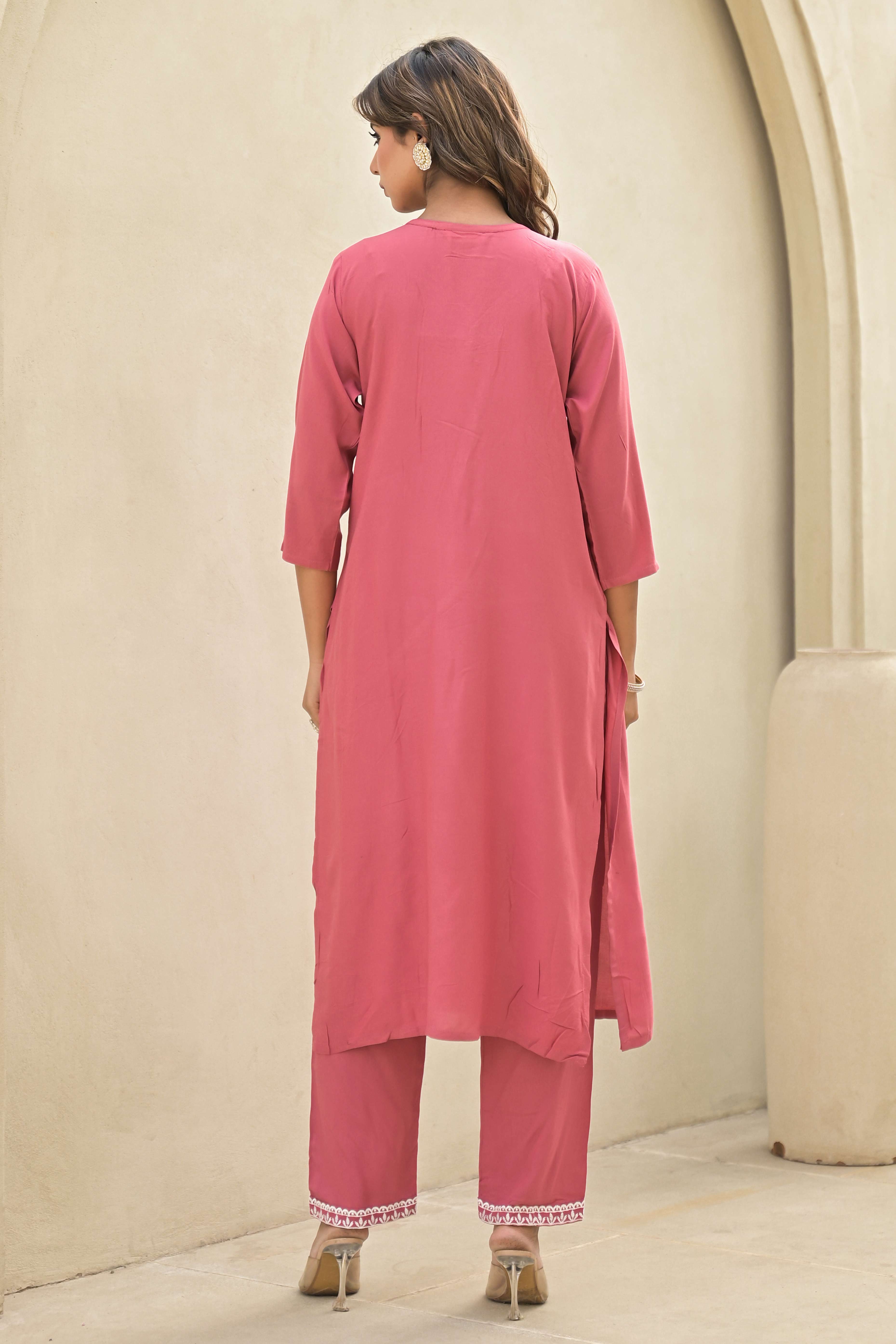 Gajri Pink Floral Embroidered Rayon Salwar Suit