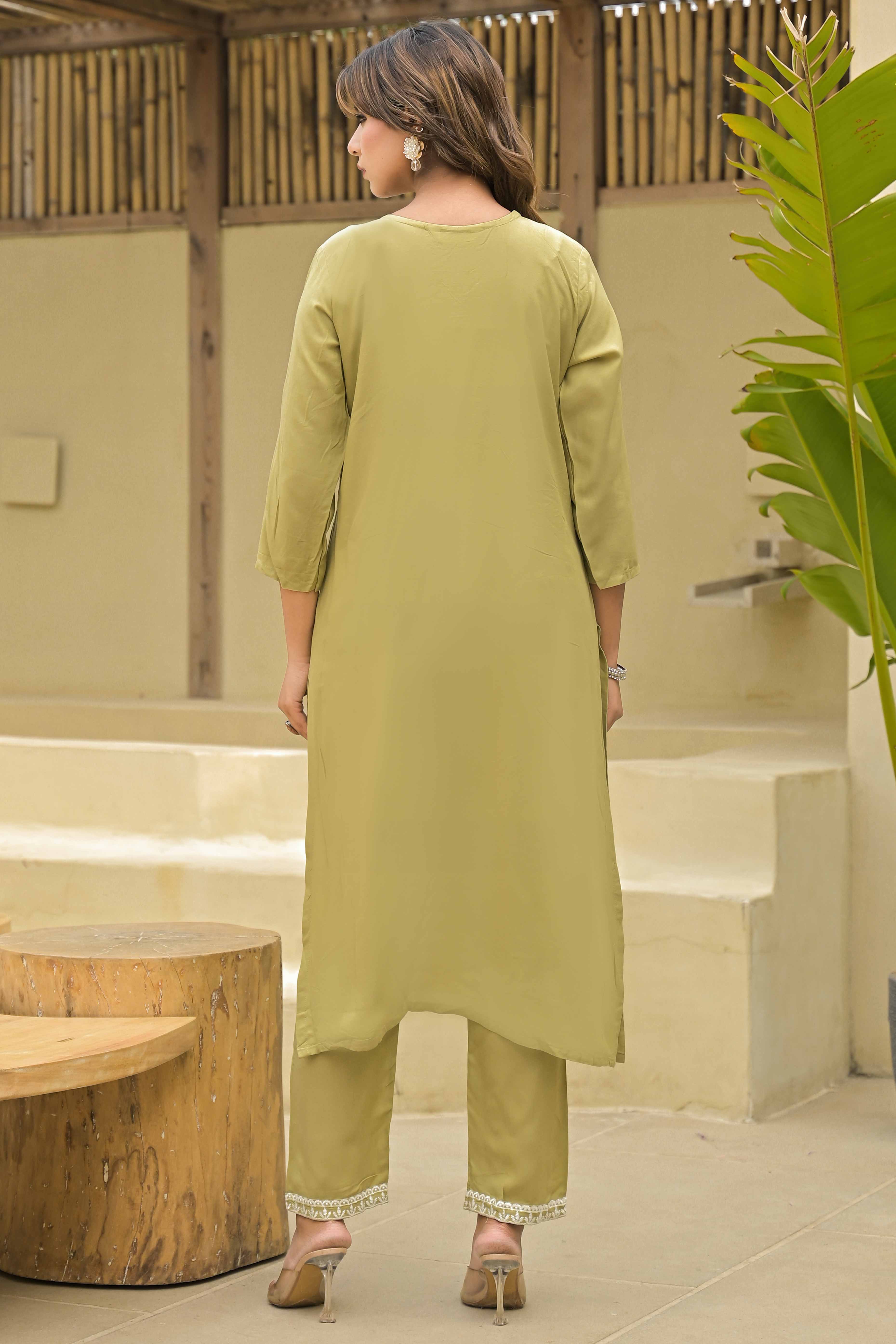 Light Chikoo Floral Embroidered Rayon Salwar Suit