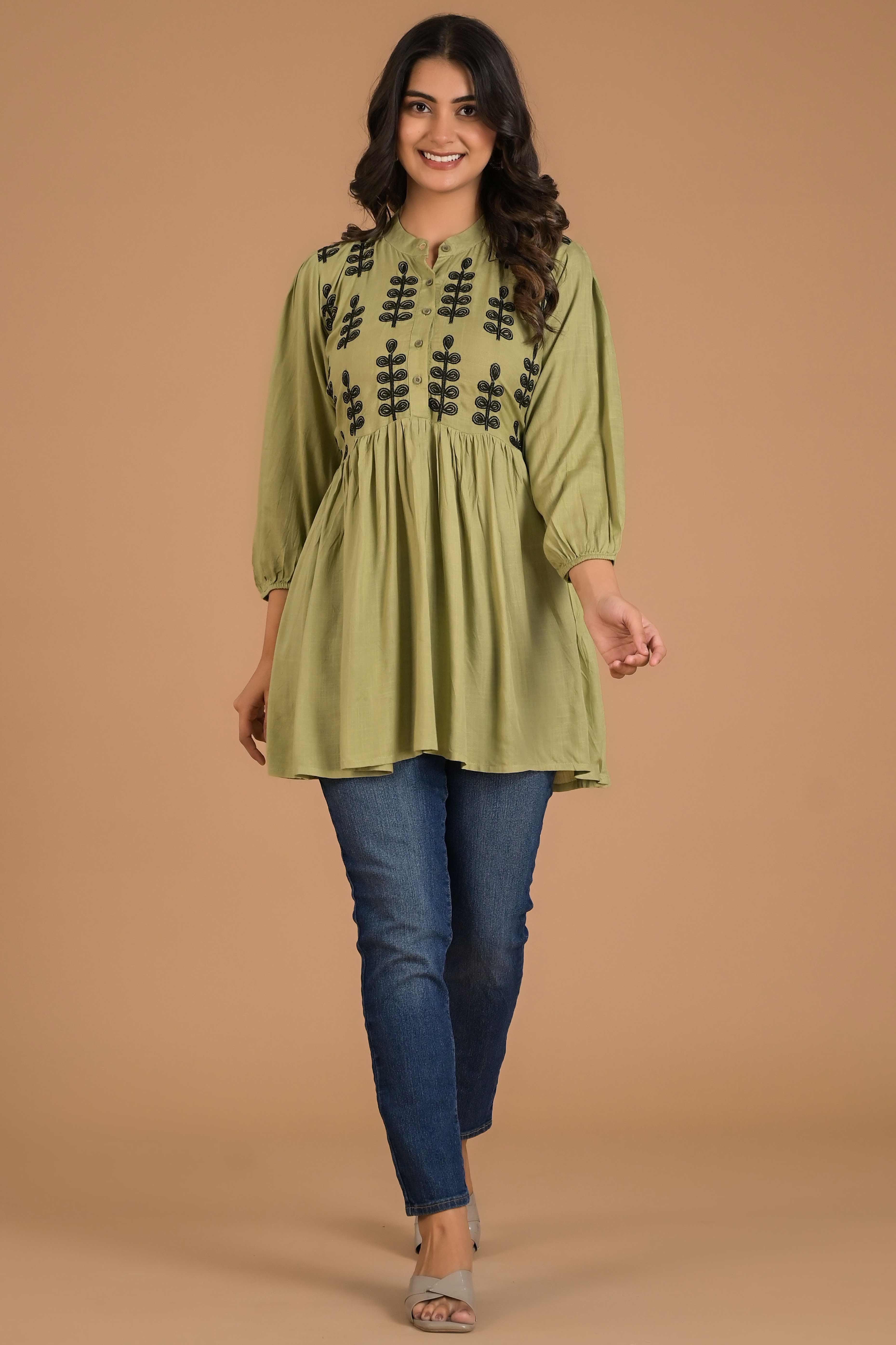 Green Embroidered Cotton Slub A-Line Top