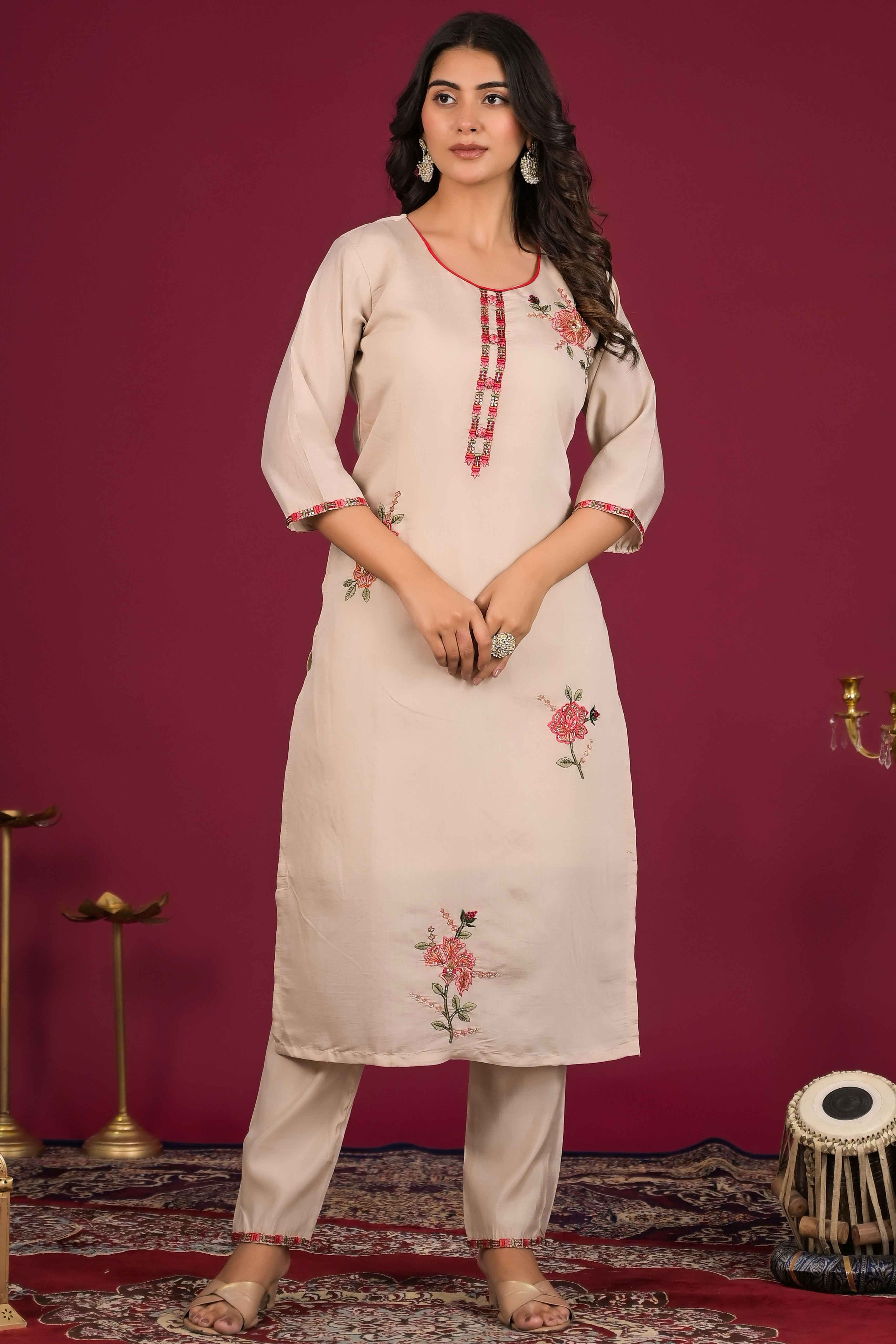 Beige Floral Embroidered Chanderi Salwar Suit