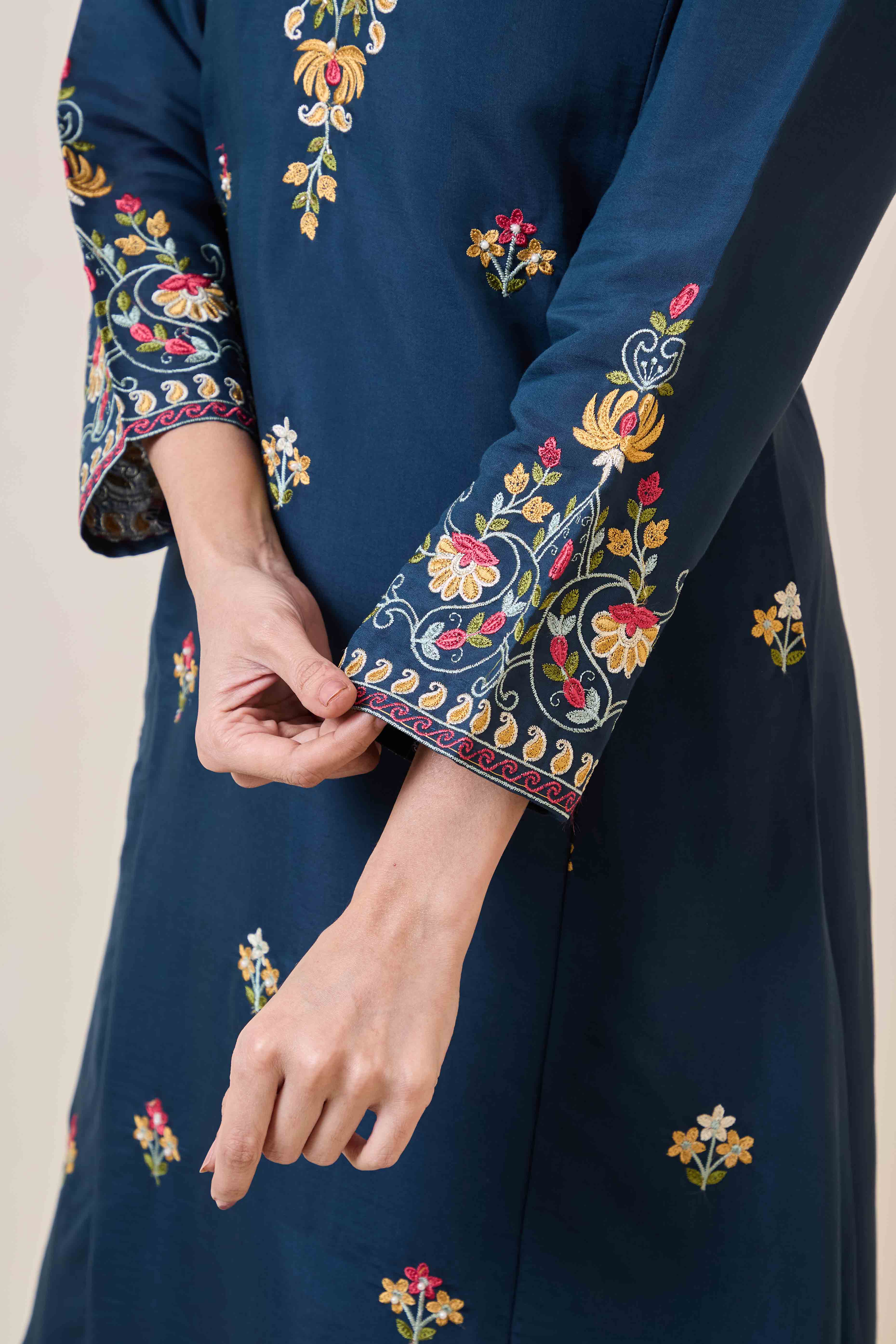 Prussian Blue Floral Hand Work Embroidered Chanderi Salwar Suit