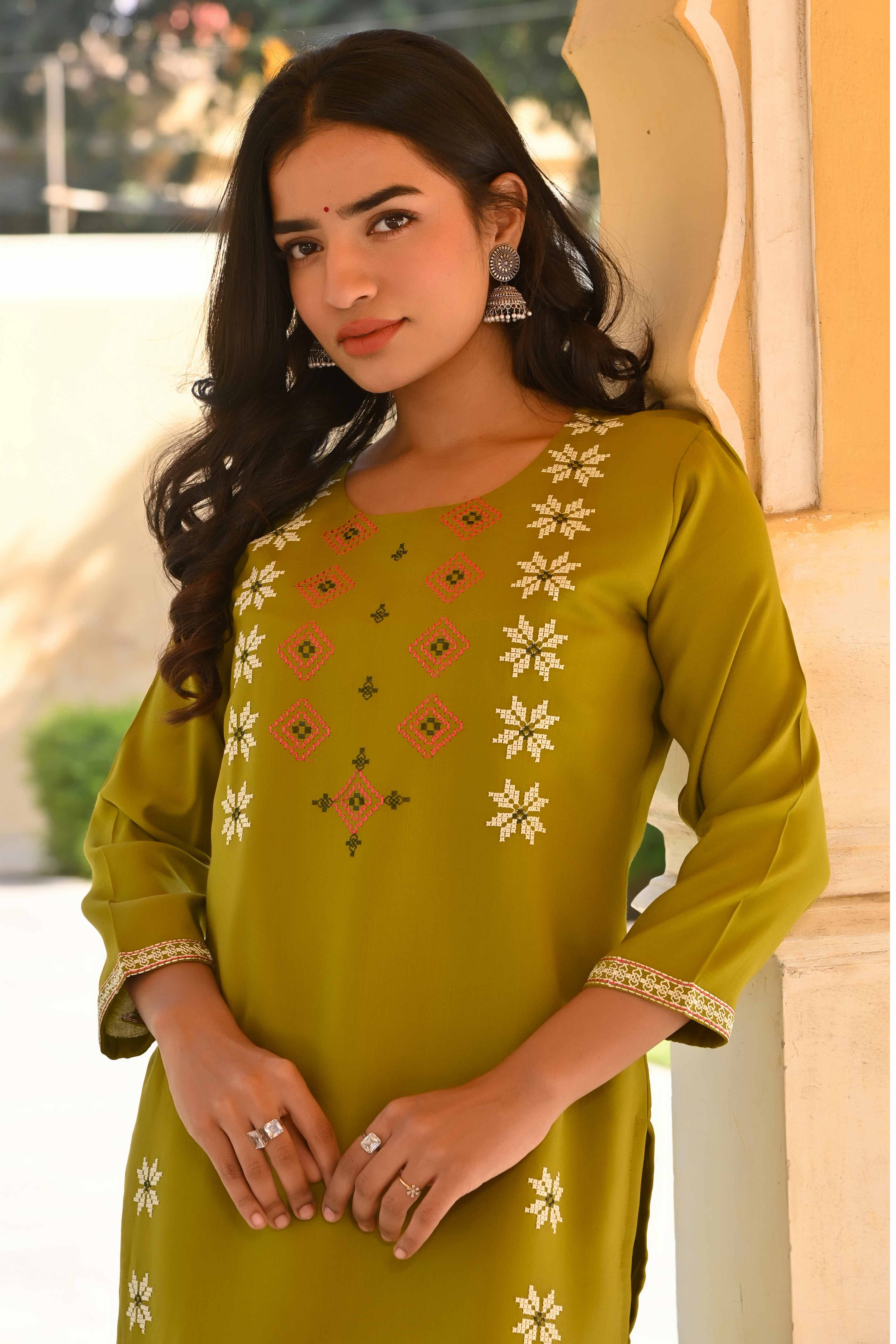 Olive Floral Embroidered Viscose Straight Kurti