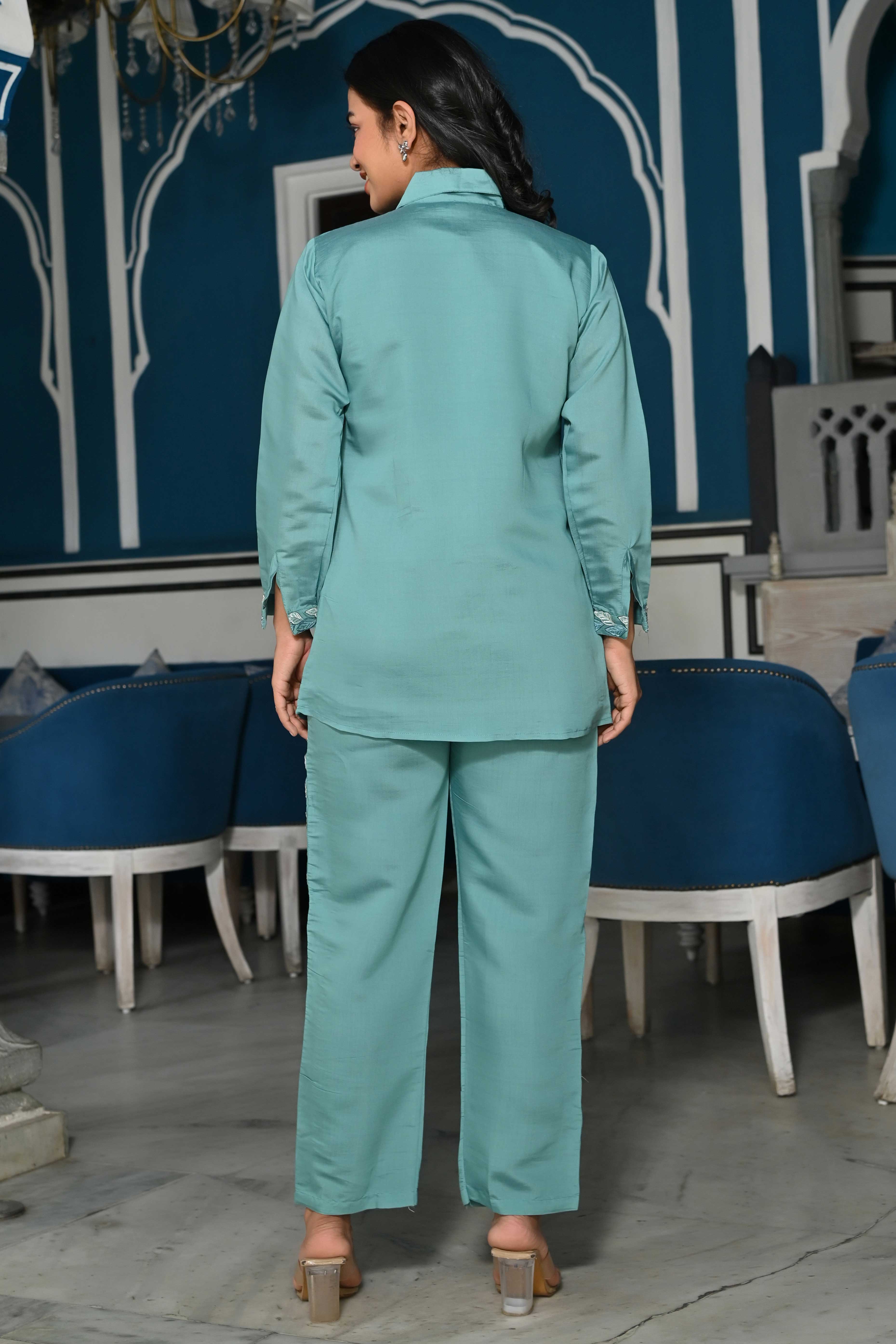 Sea Green Floral Hand Work Embroidered Chanderi Co-Ord Set