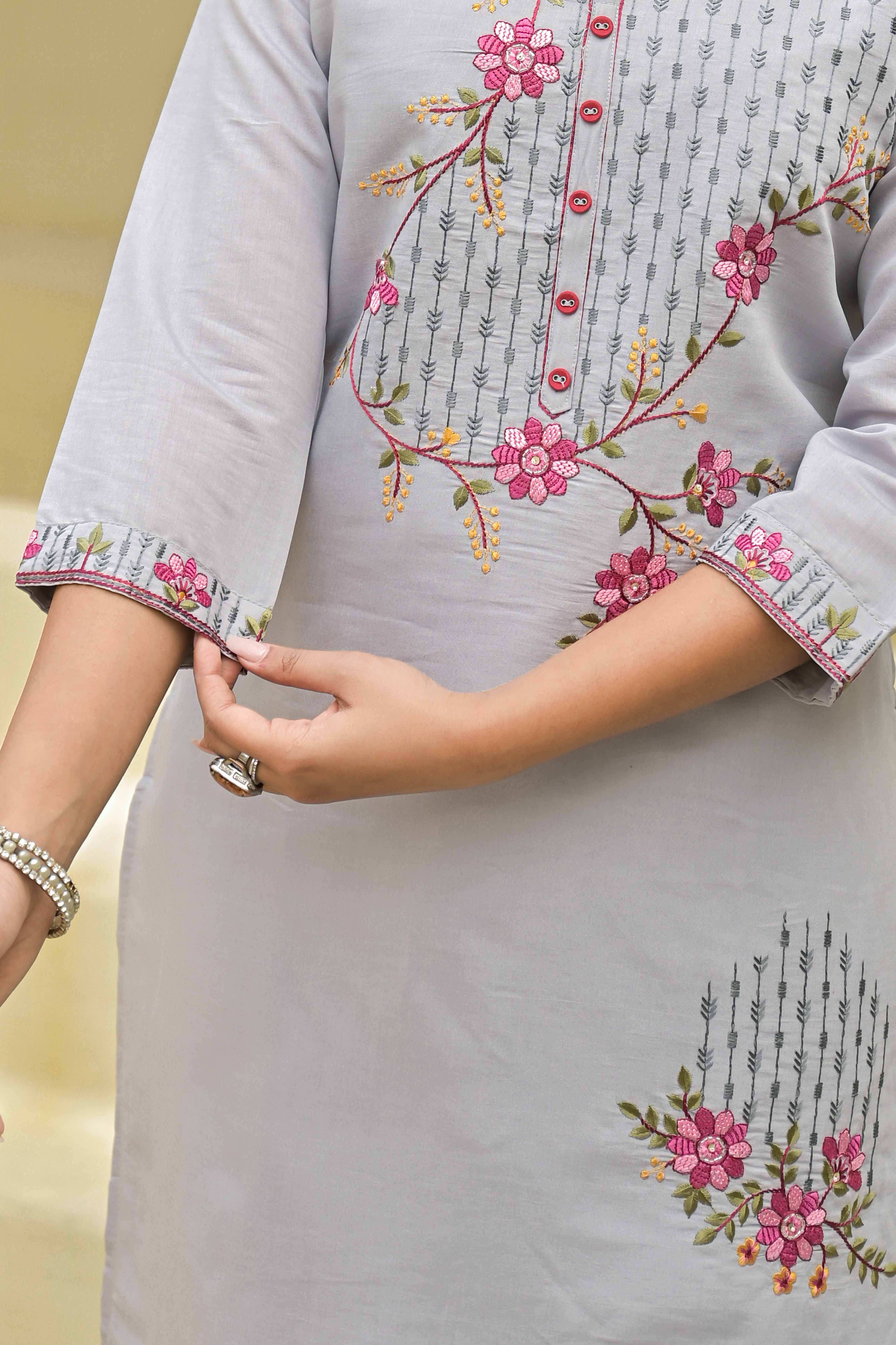 Grey Floral Embroidered Chanderi Straight Kurti With Handwork