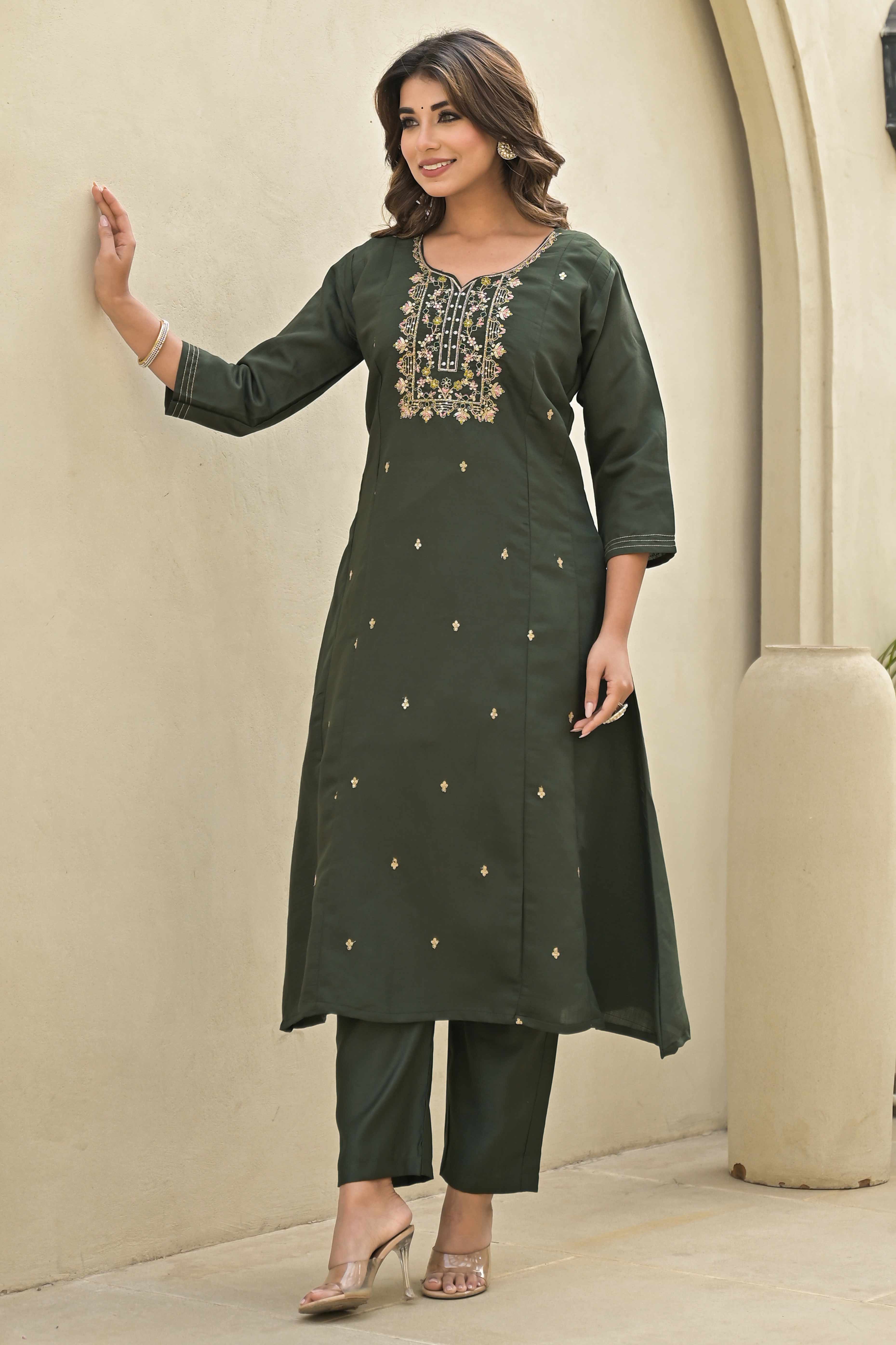 Mehandi Green Floral Embroidered Viscose A-Line Salwar Suit