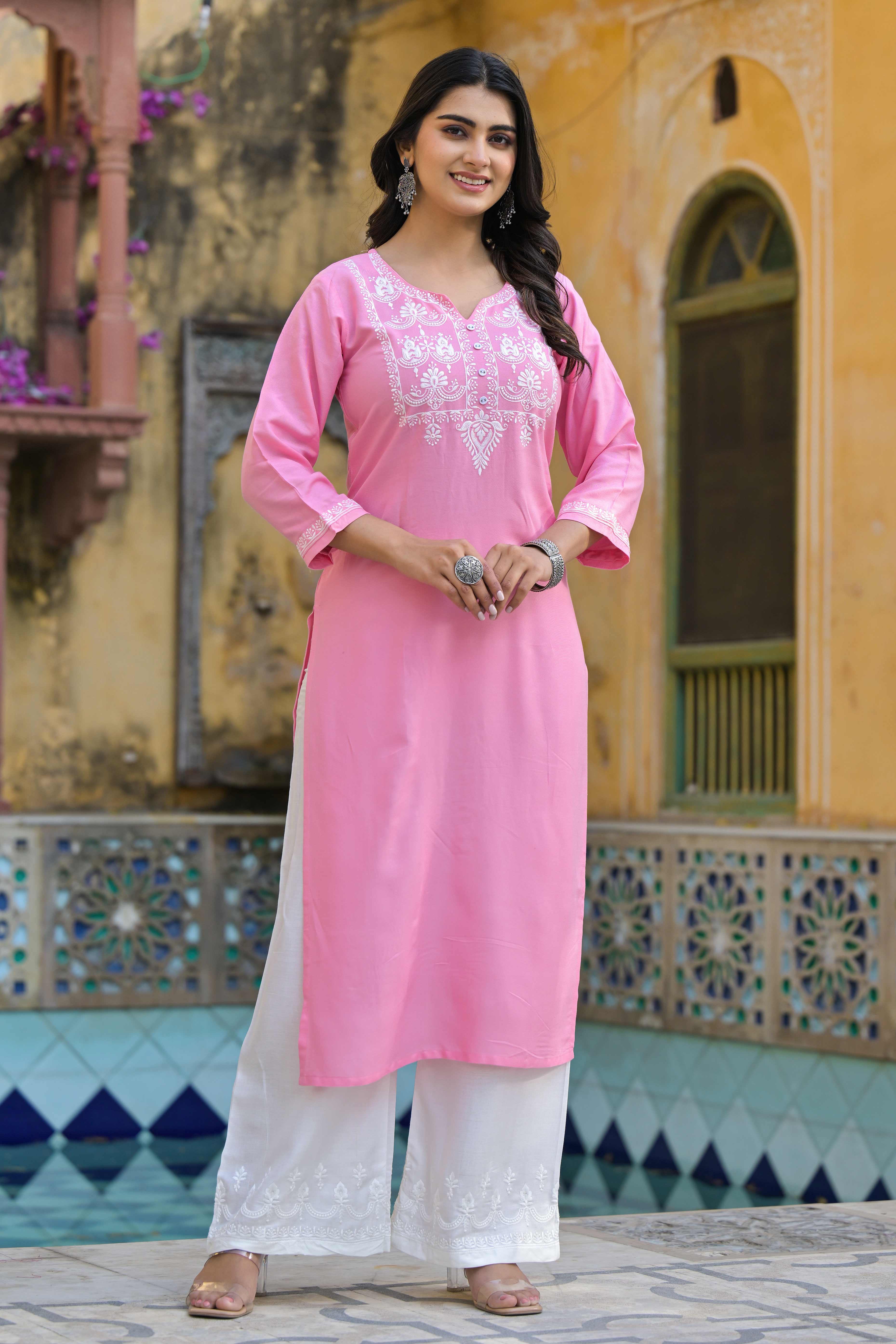 Pink Floral Embroidered Viscose Rayon Straight Top Bottom Set