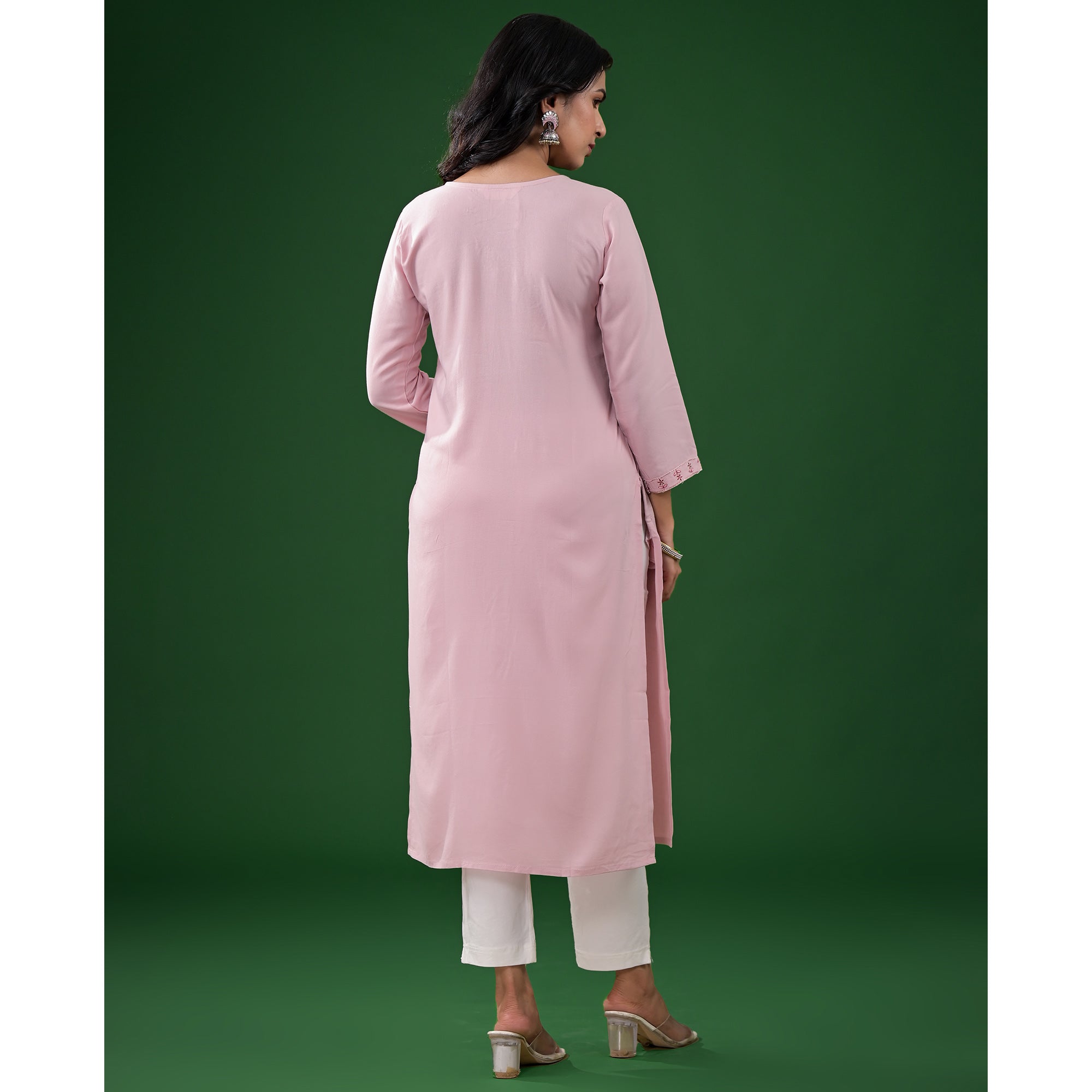 Peach Yoke Embroidered Rayon Straight Kurti