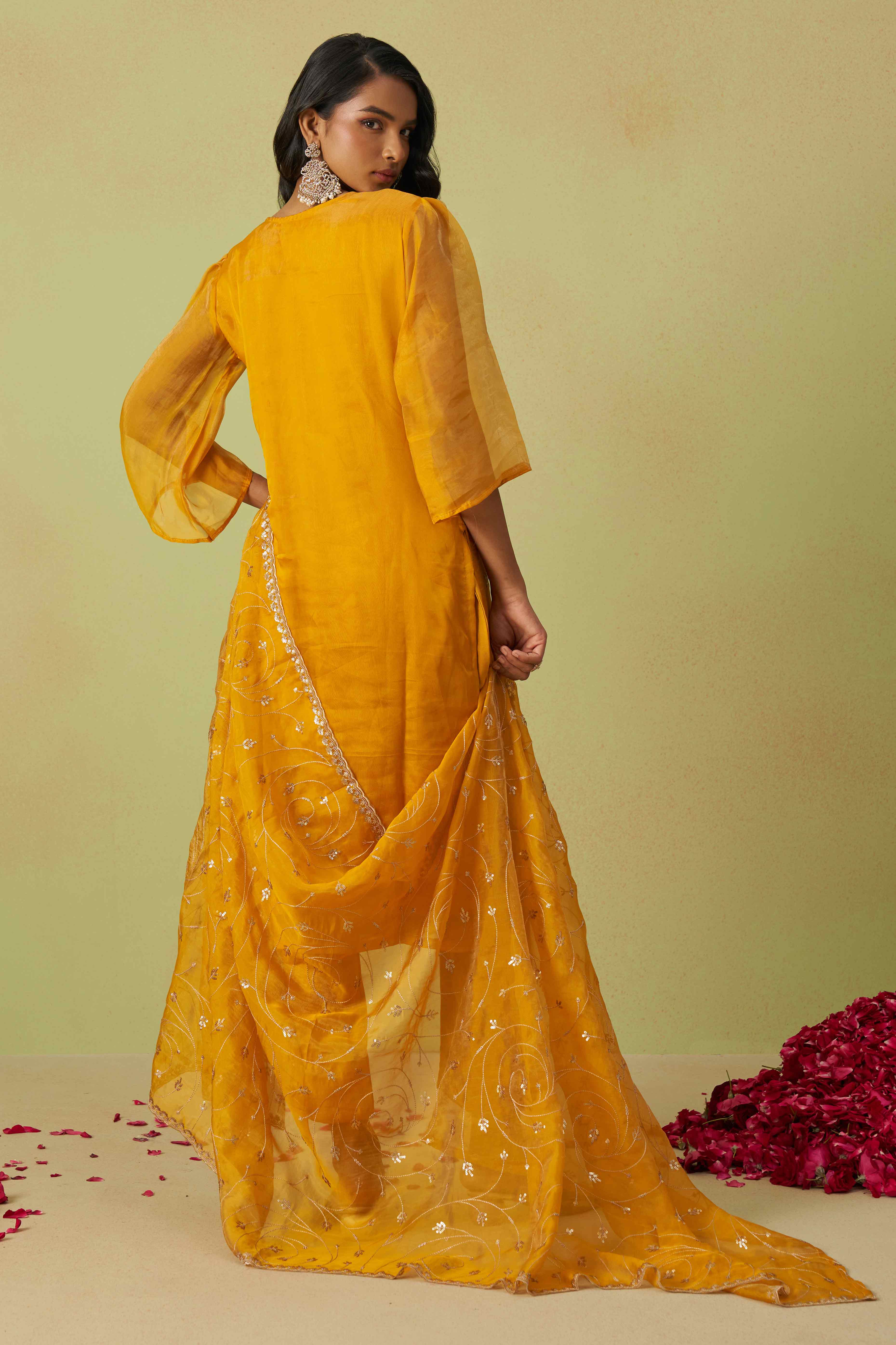 Mustard Sequins Embroidery With Stonework Organza Shimmer Semi Stitched Suit