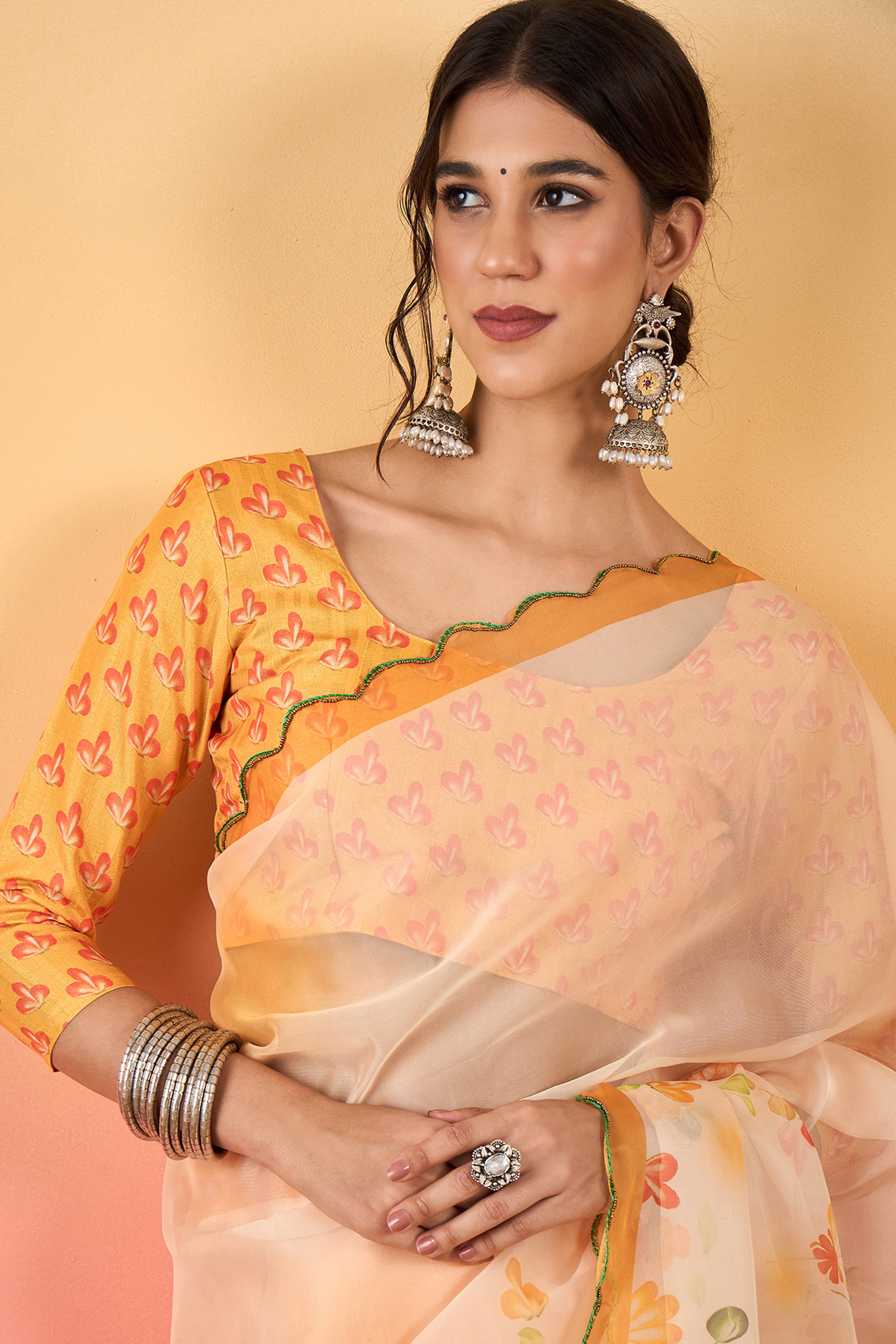 Gorgeous Cream Floral Printed Saree in Sheer Organza Blend Fabric with Handcrafted Beads Work