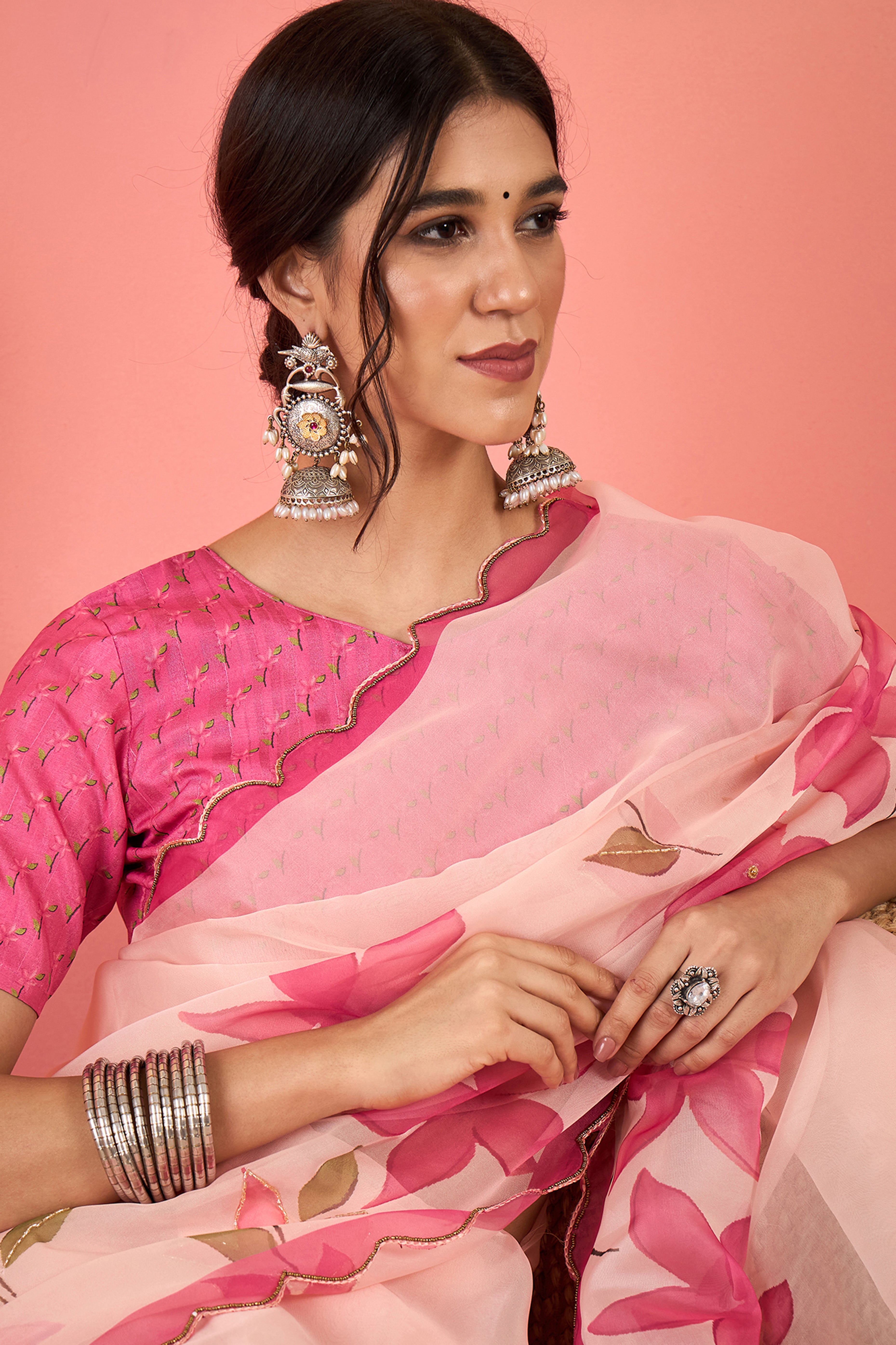 Gorgeous Pink Floral Printed Saree in Sheer Organza Blend Fabric with Handcrafted Beads Work