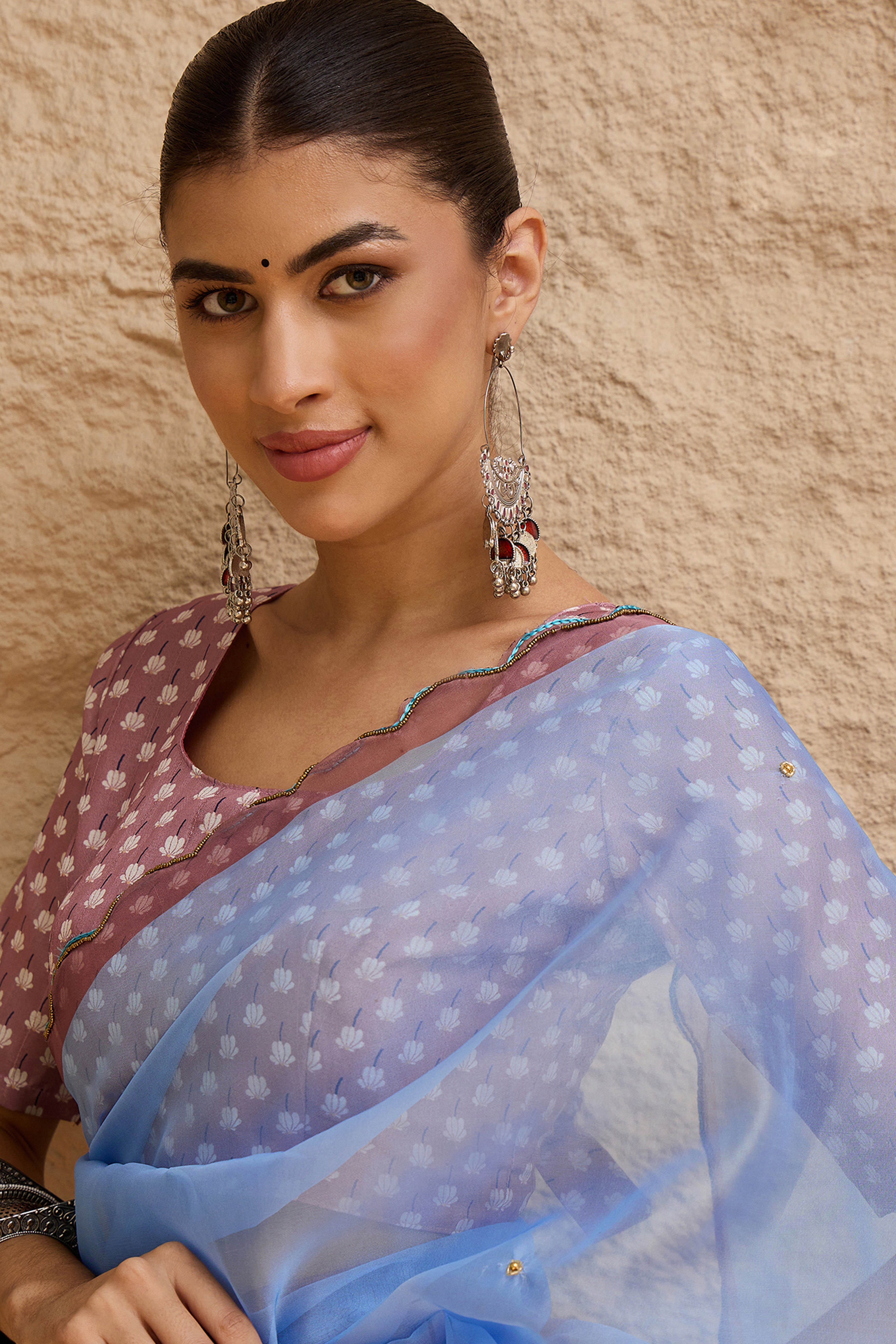 Gorgeous Light Blue Floral Printed Saree in Sheer Organza Blend Fabric with Handcrafted Beads Work