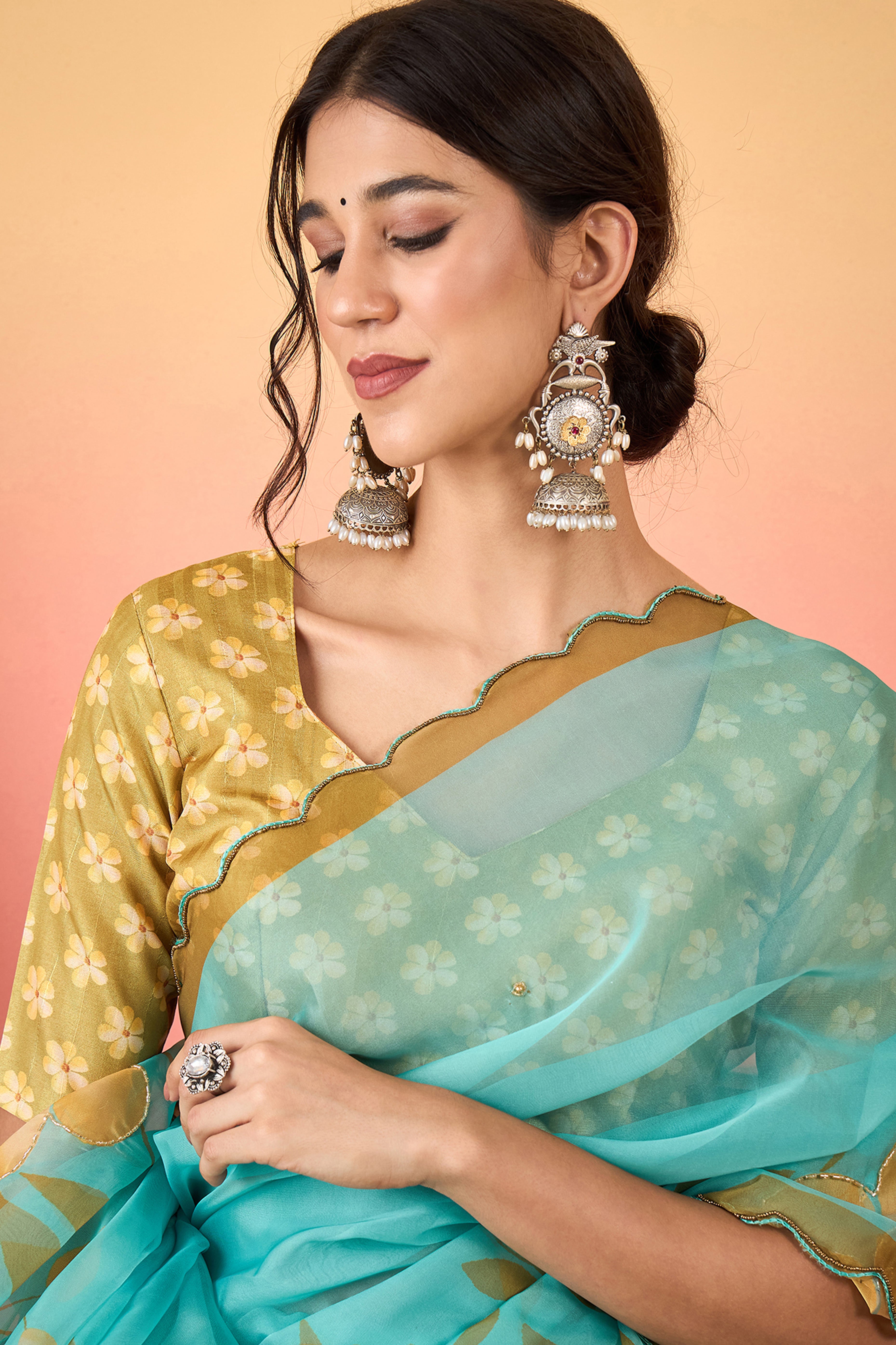 Gorgeous Turquoise Floral Printed Saree in Sheer Organza Blend Fabric with Handcrafted Beads Work