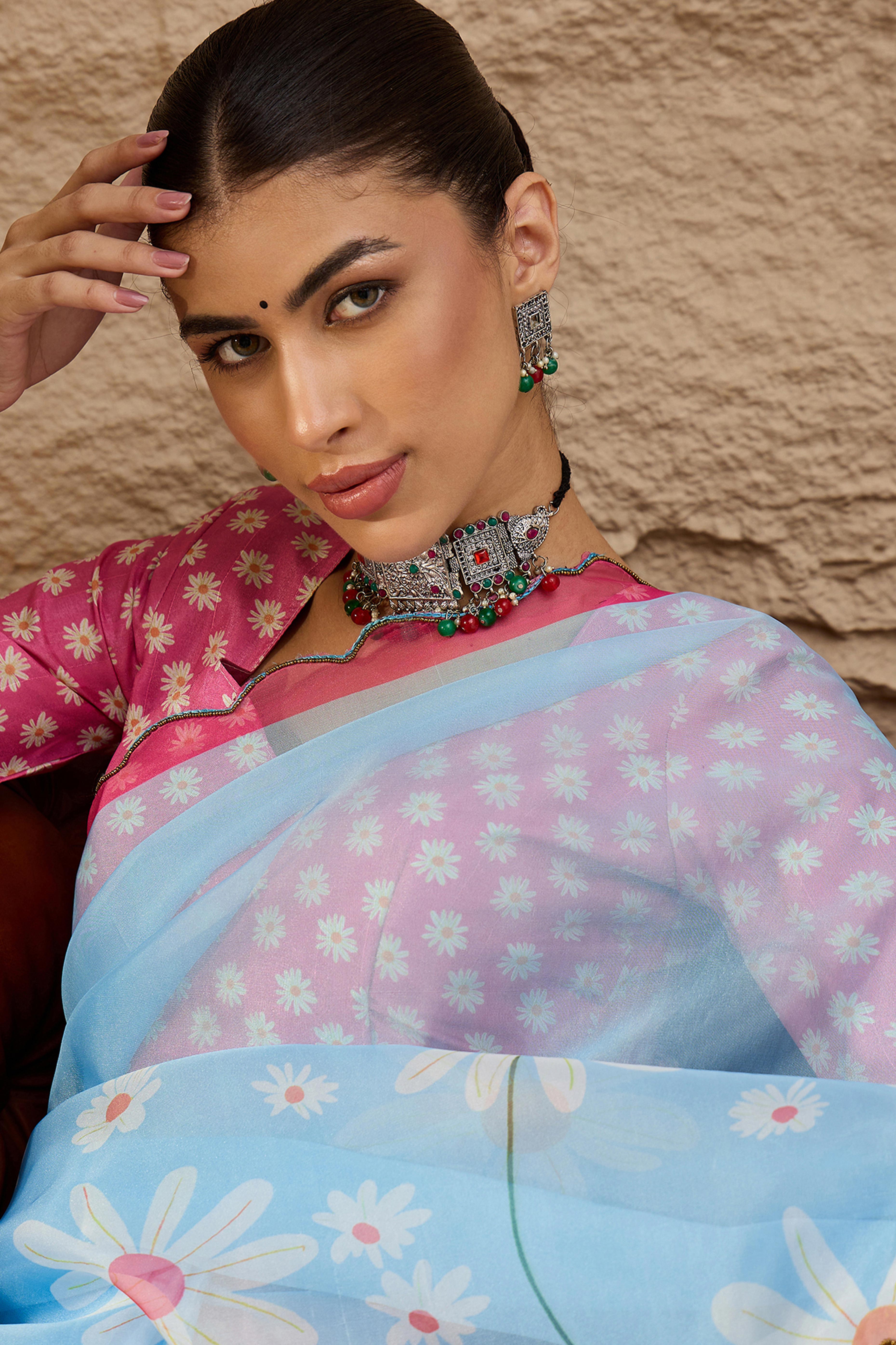 Sky Blue Floral Printed Saree in Sheer Organza Blend Fabric with Handcrafted Beads Work