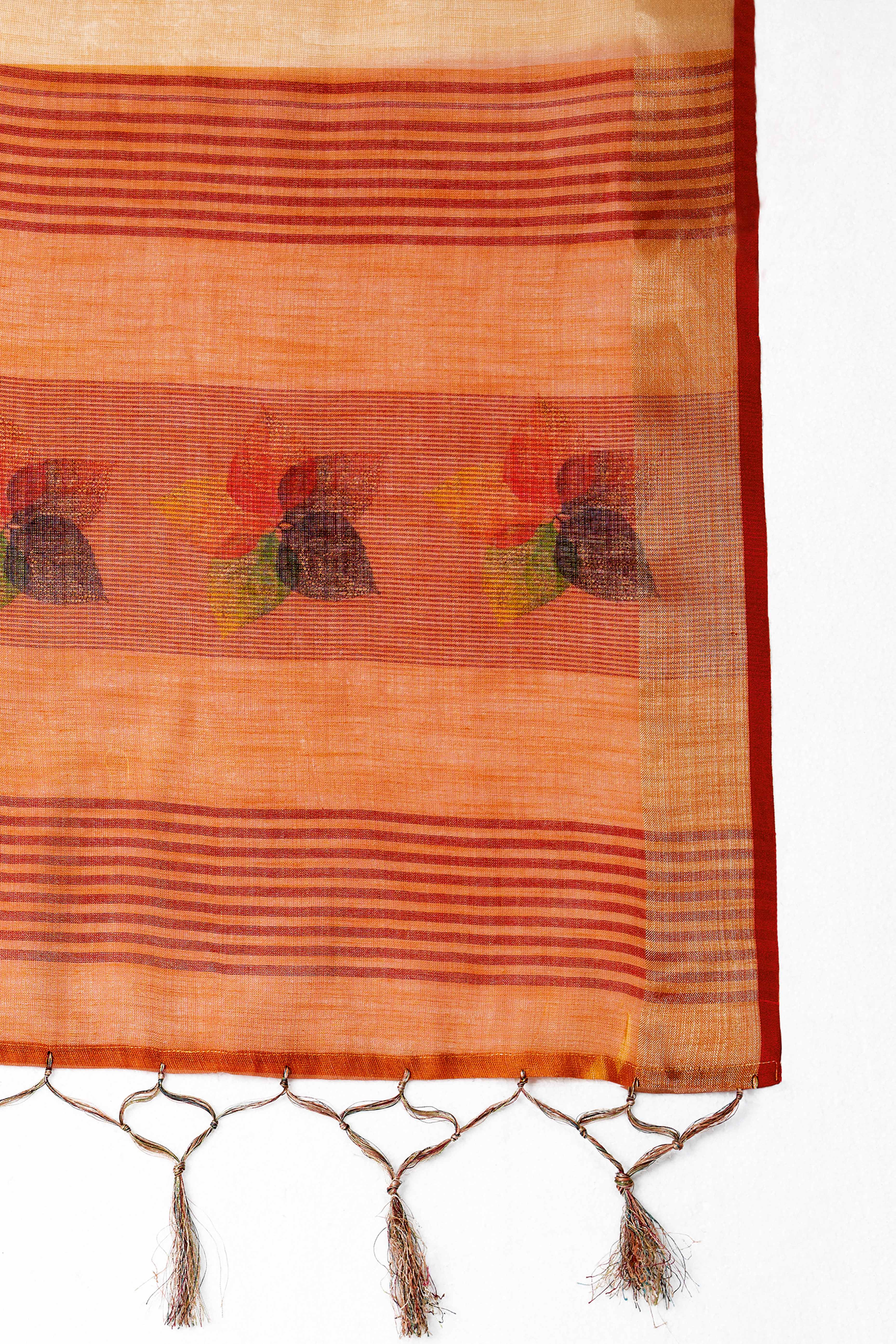 Orange Woven Floral Printed Linen Blend Saree with Soft Elegant Texture