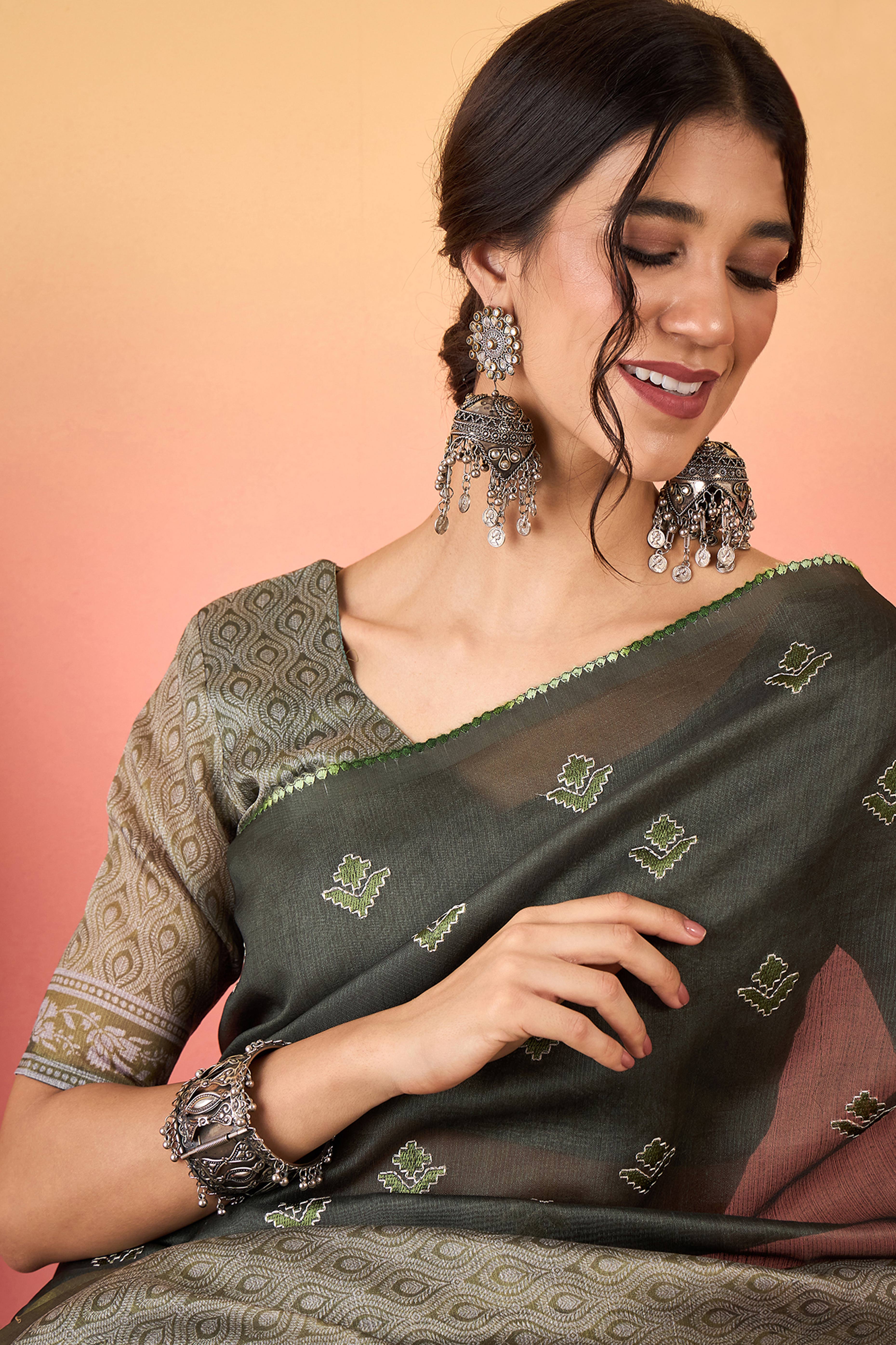 Mehendi Green Floral Embroidered Saree Made from Premium Lightweight Silk Blend Material