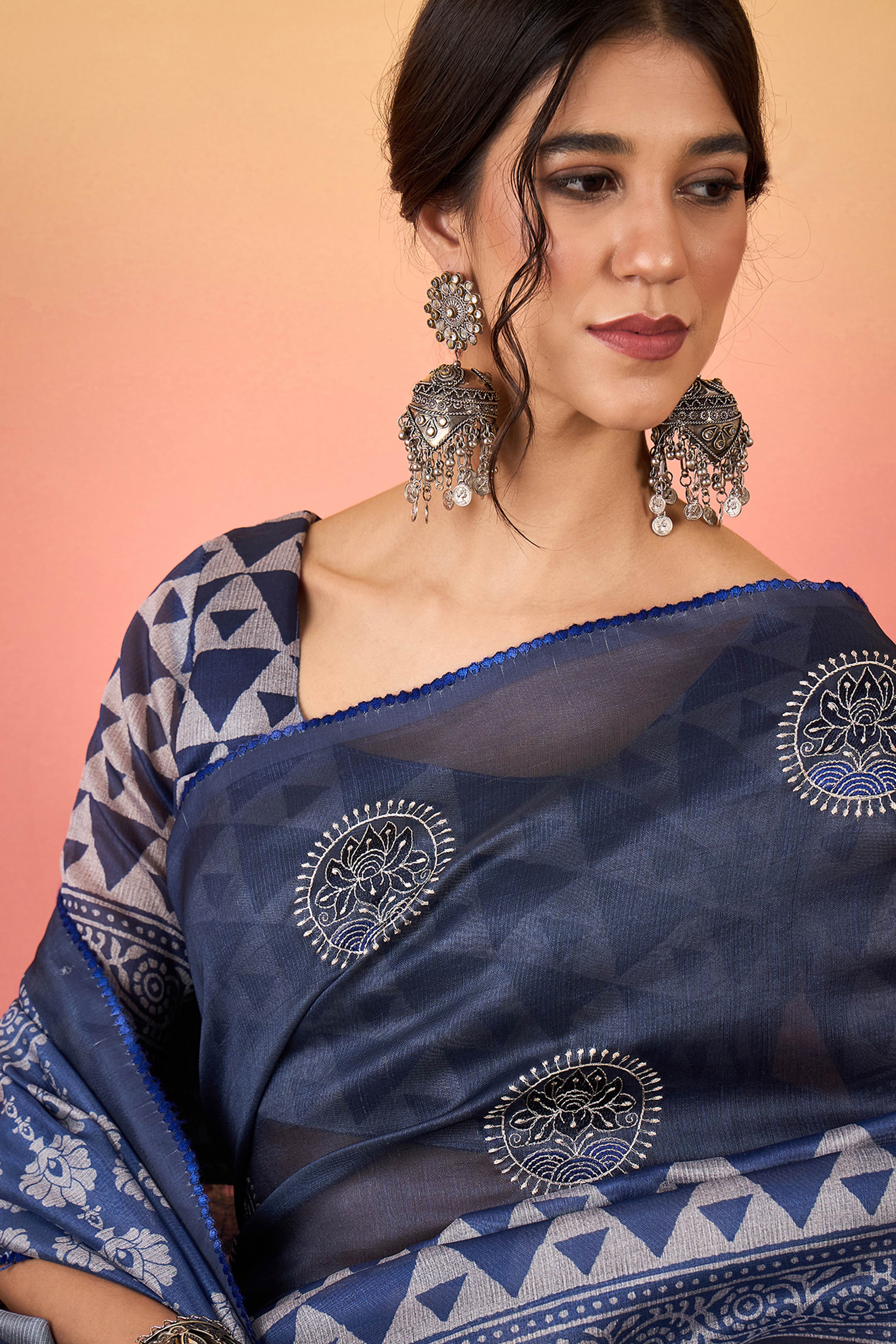 Navy Blue Floral Embroidered Saree Made from Premium Lightweight Silk Blend Material