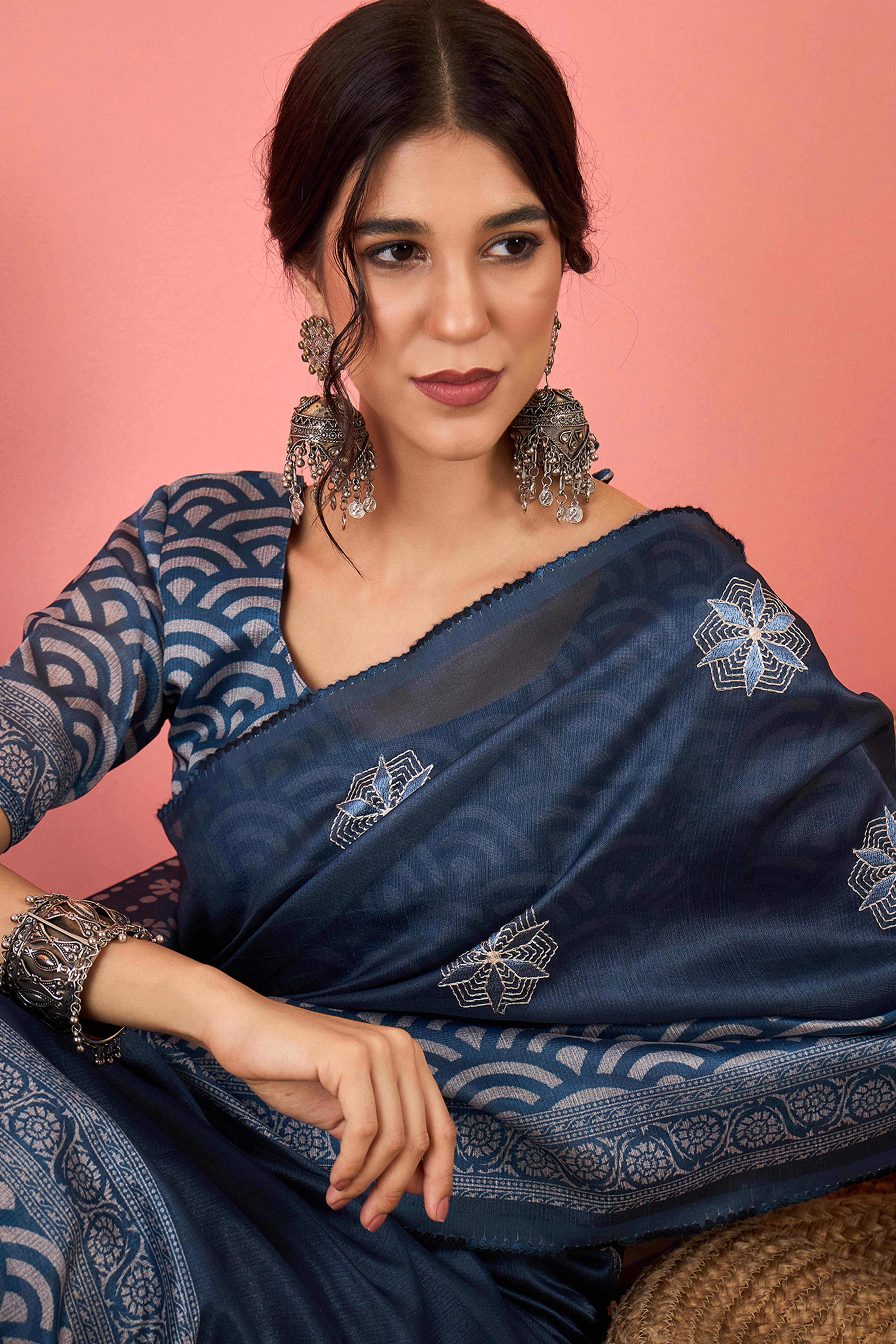 Navy Blue Floral Embroidered Saree Made from Lightweight Silk Blend Material
