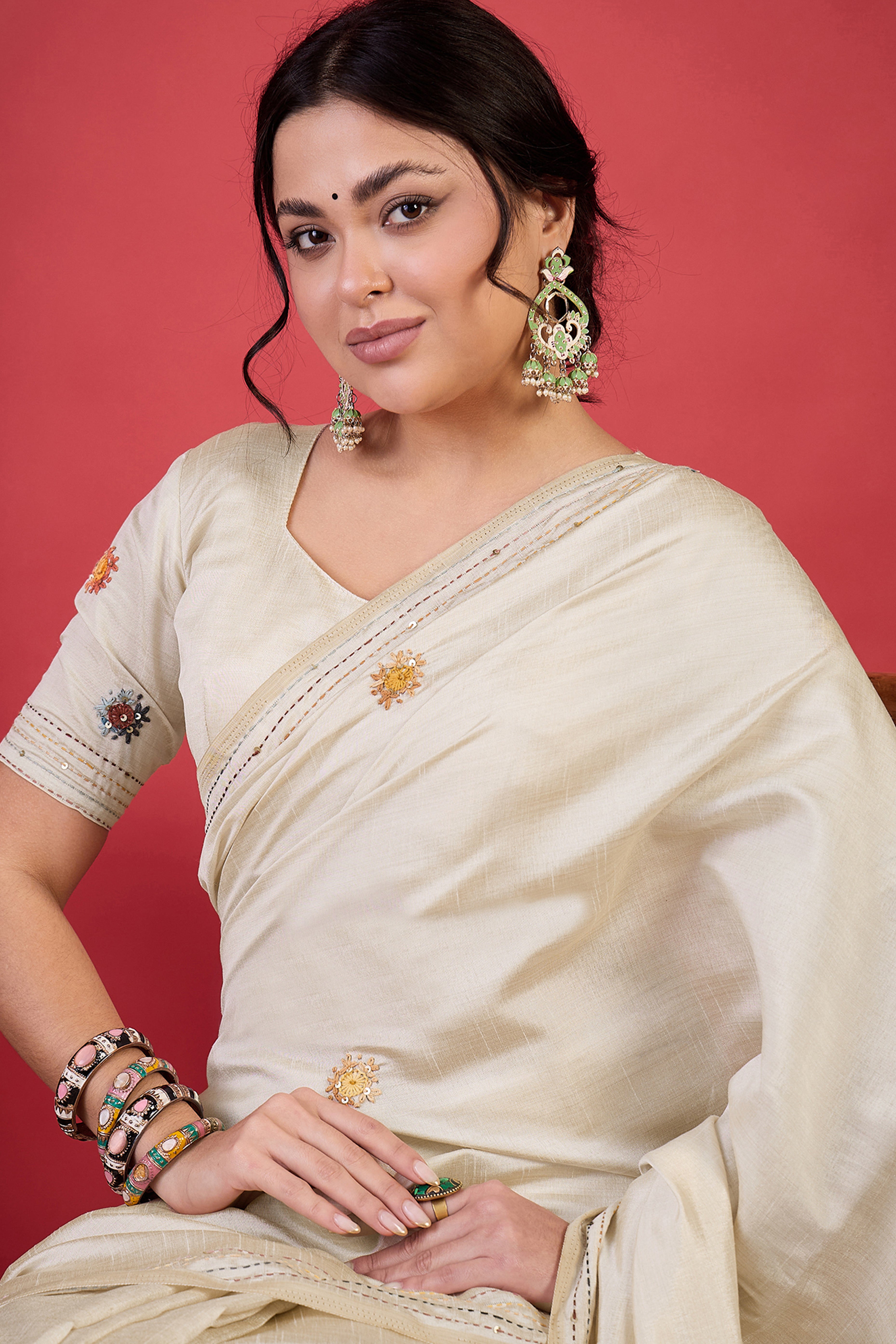 Cream Thread Work Embroidered Tussar Silk Saree with Rich Texture