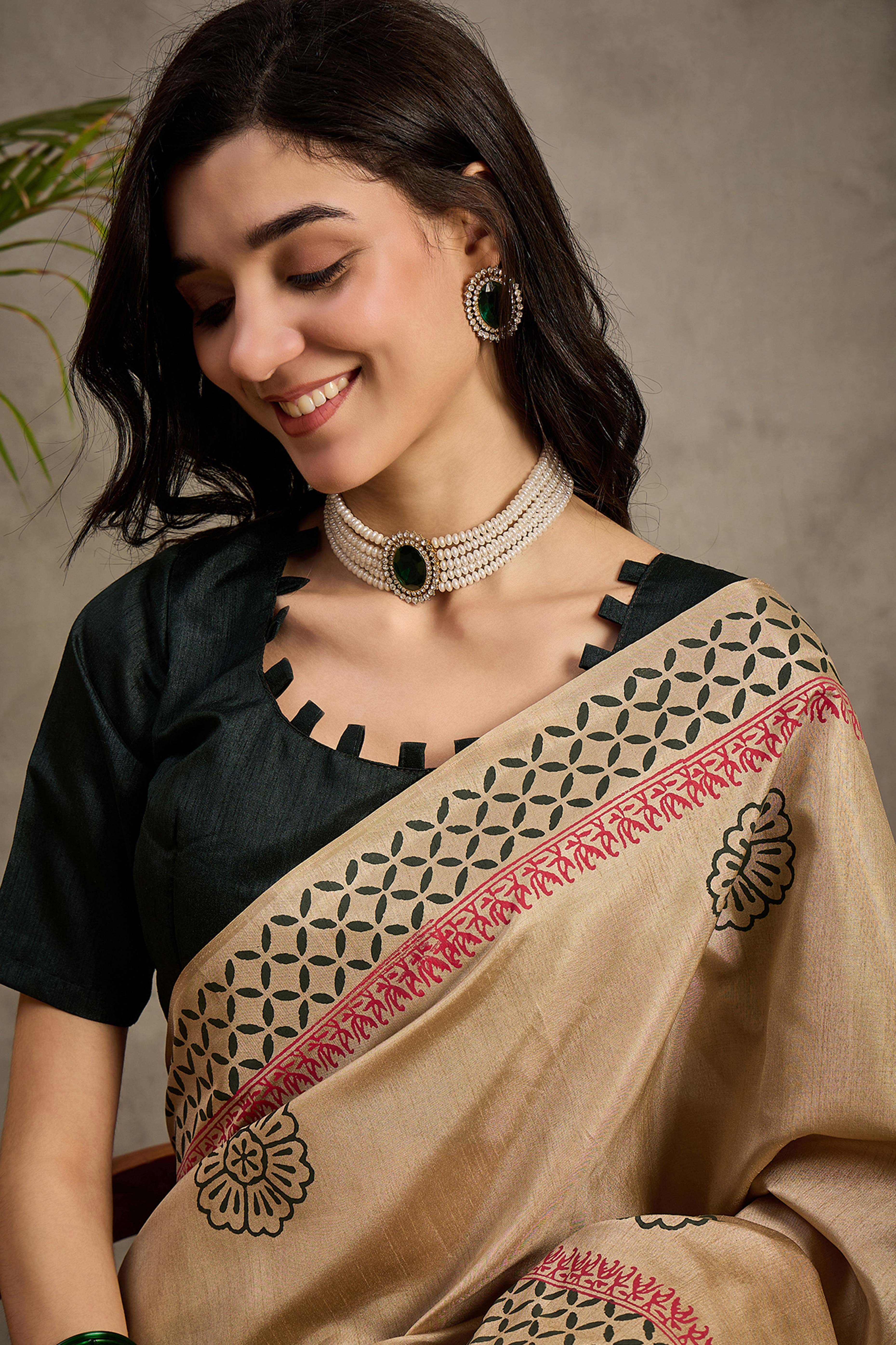 Charming Beige Floral Printed Kozi Cotton Silk Saree With Contemporary Tassel Pallu