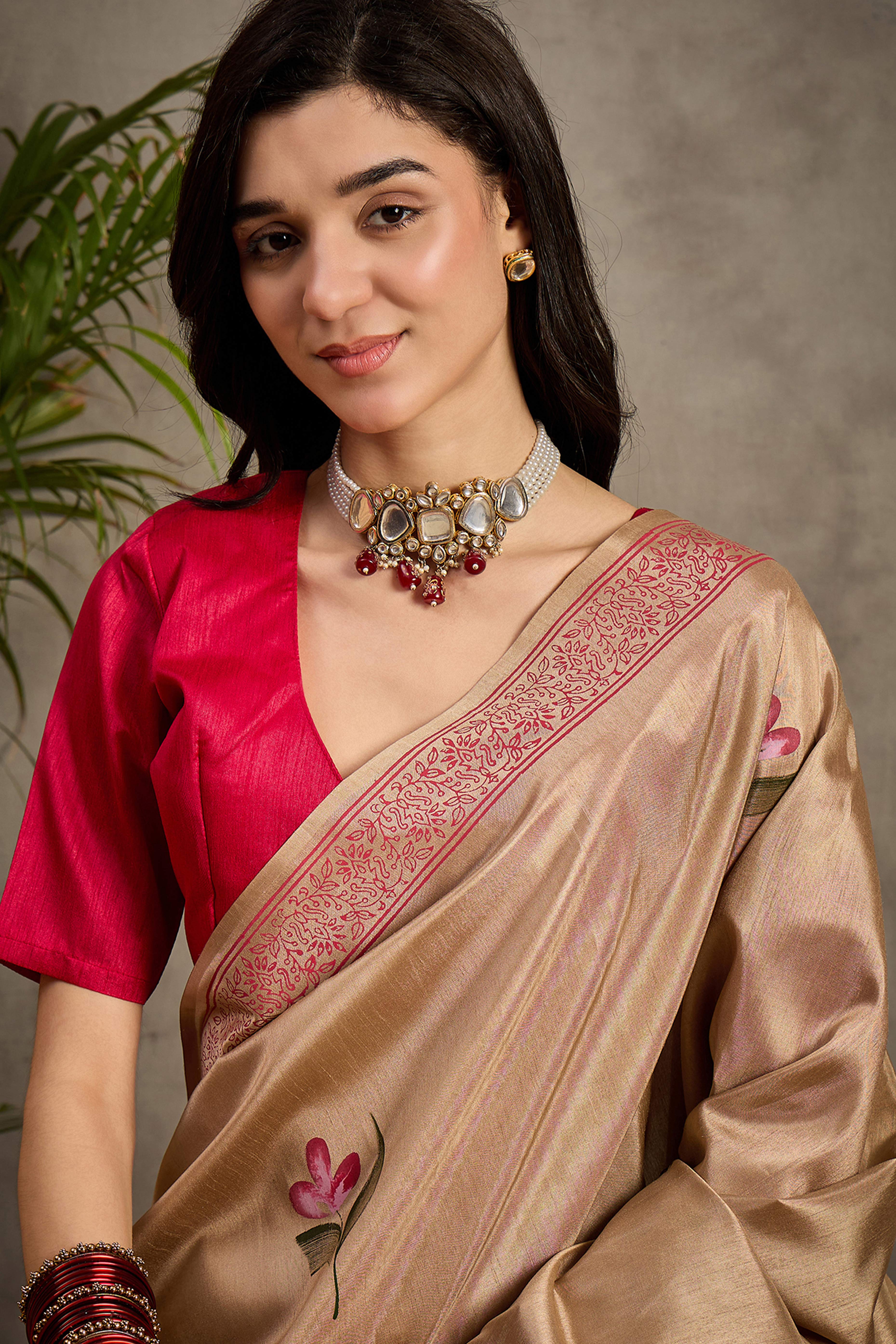 Beige Botanical Print Kozi Cotton Silk Saree Embellished With Elegant Tassel Edges