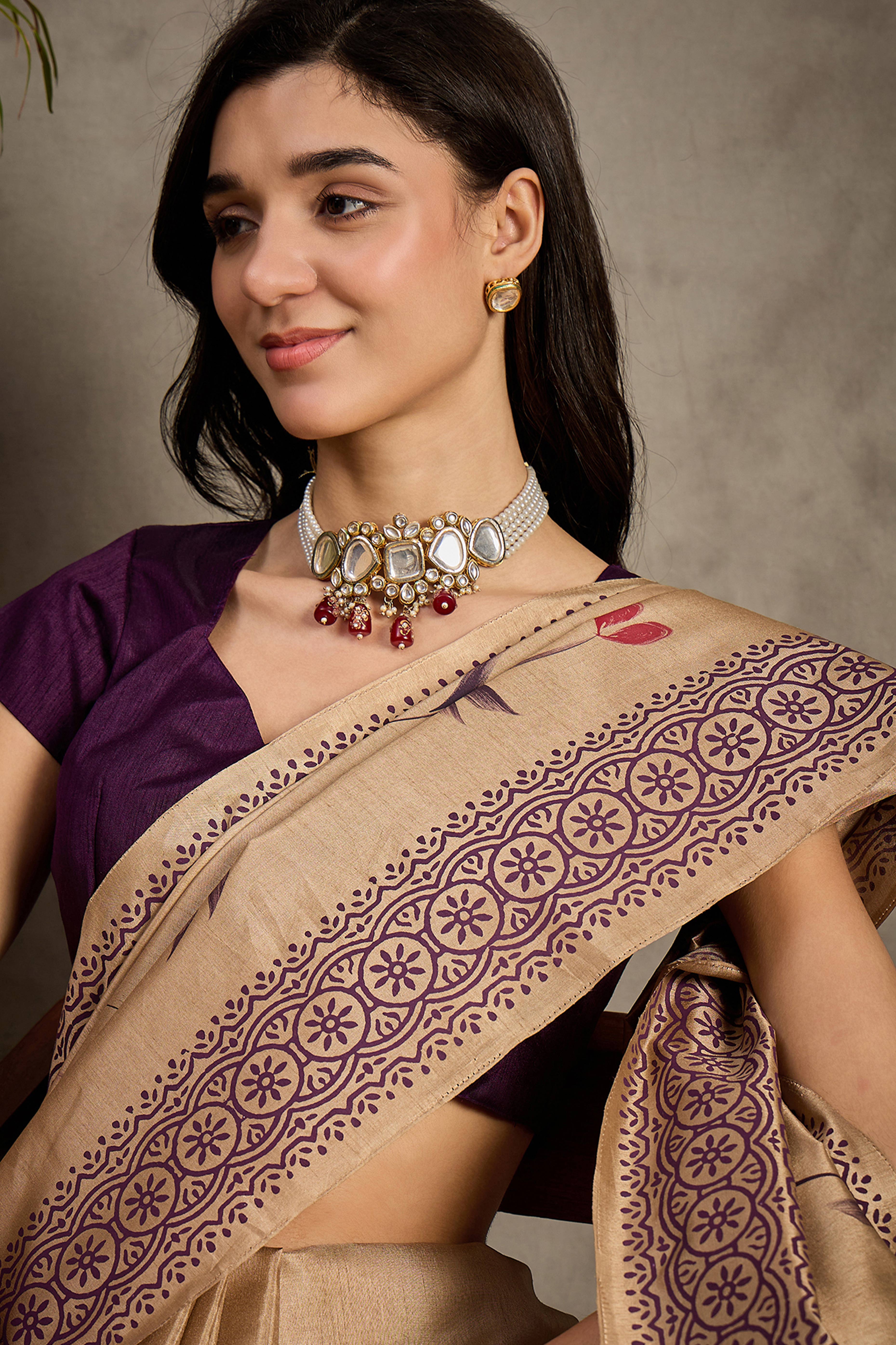 Classic Beige Floral Printed Kozi Cotton Silk Saree With Chic Tassel Embellishment Pallu