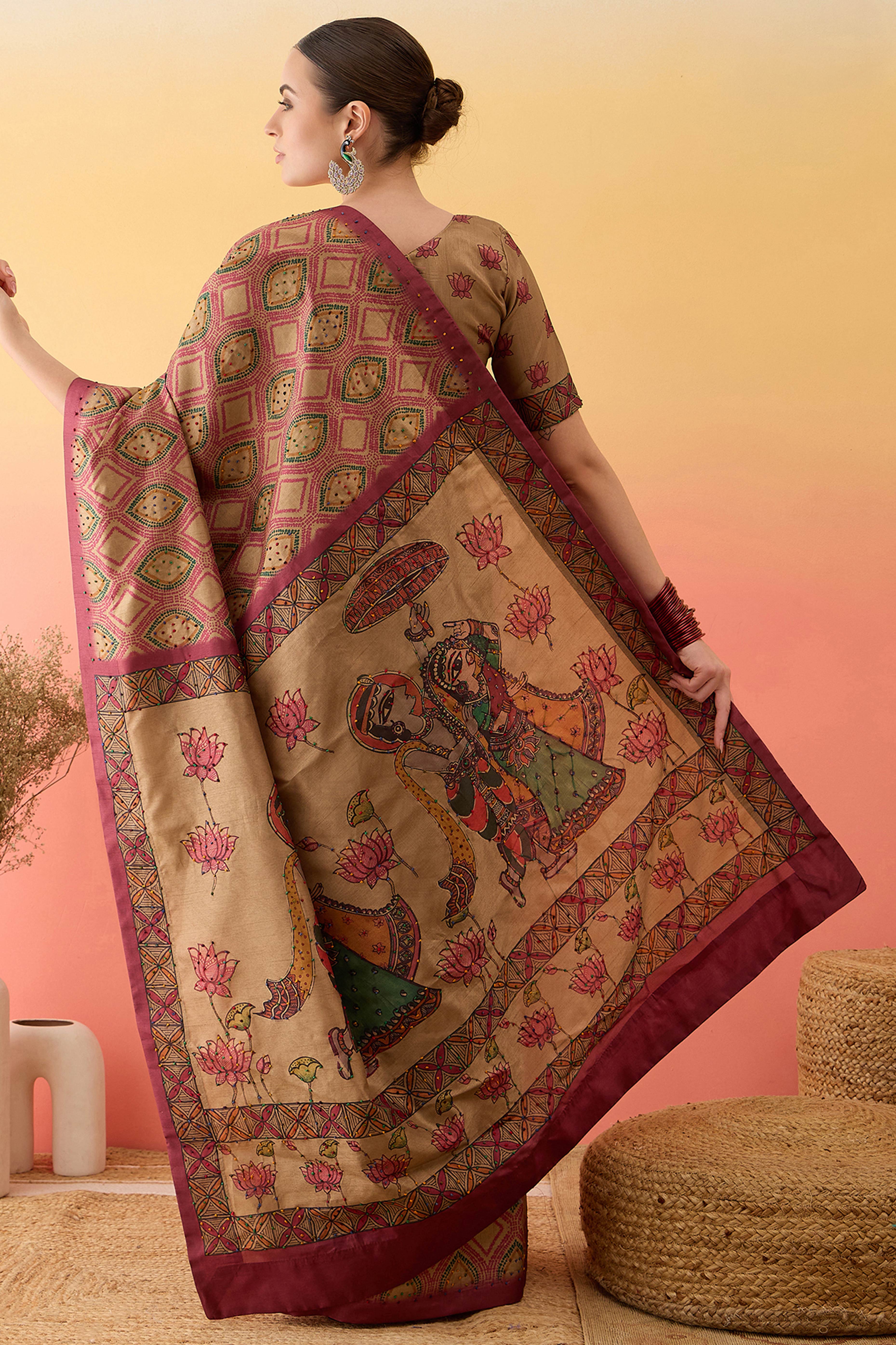Beige Kalamkari Style Printed Cotton Silk Saree Knot Work Tassels Ethnic Wear